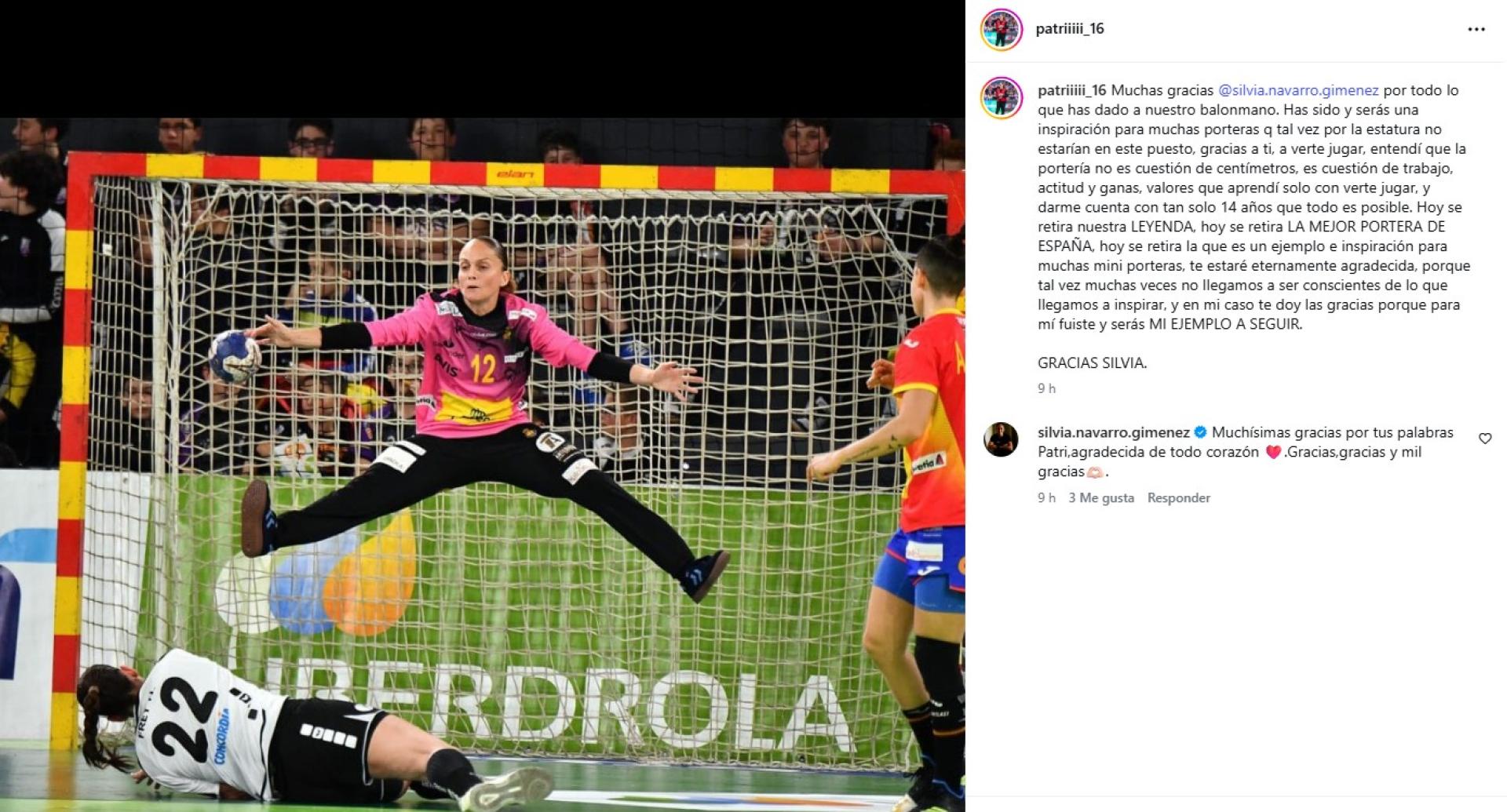 Mensaje de Patricia Encinas, meta de Replasa Beti Onak, en redes ensalzando la trayectoria y figura de Silvia Navarro.