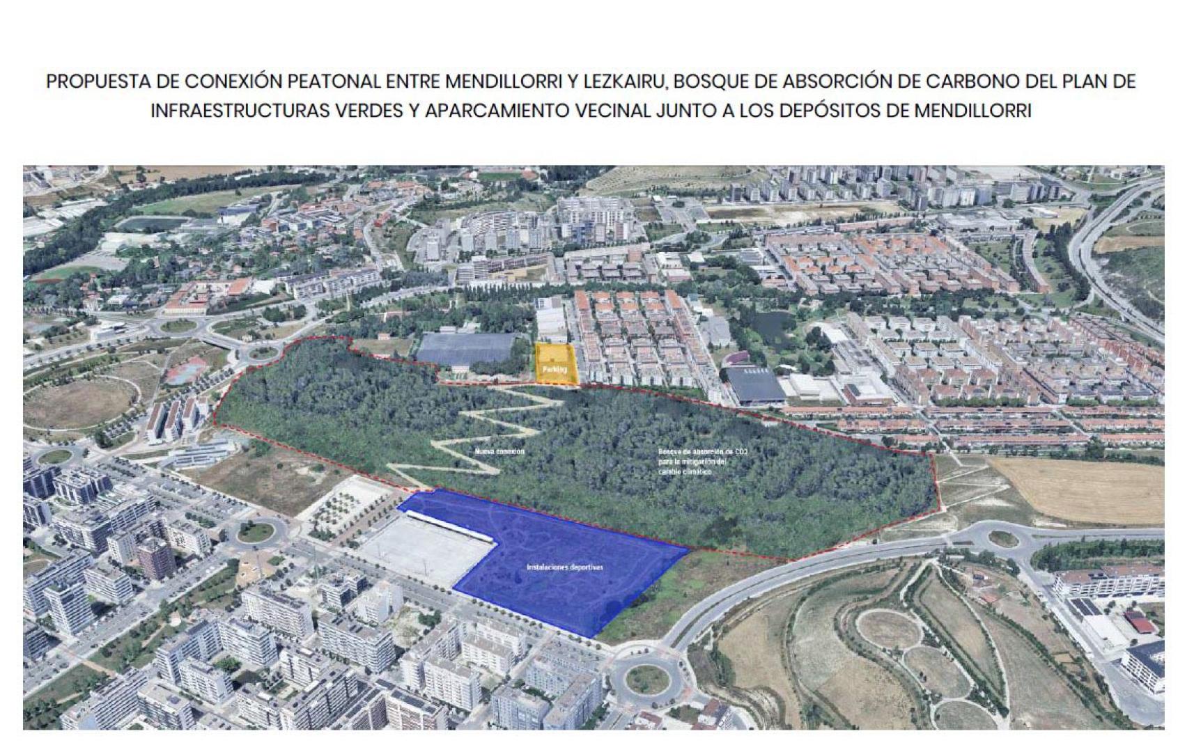 Propuesta de la conexión entre Mendillorri y Lezkairu, con el nuevo parking en amarillo y las instalaciones deportivas en azul