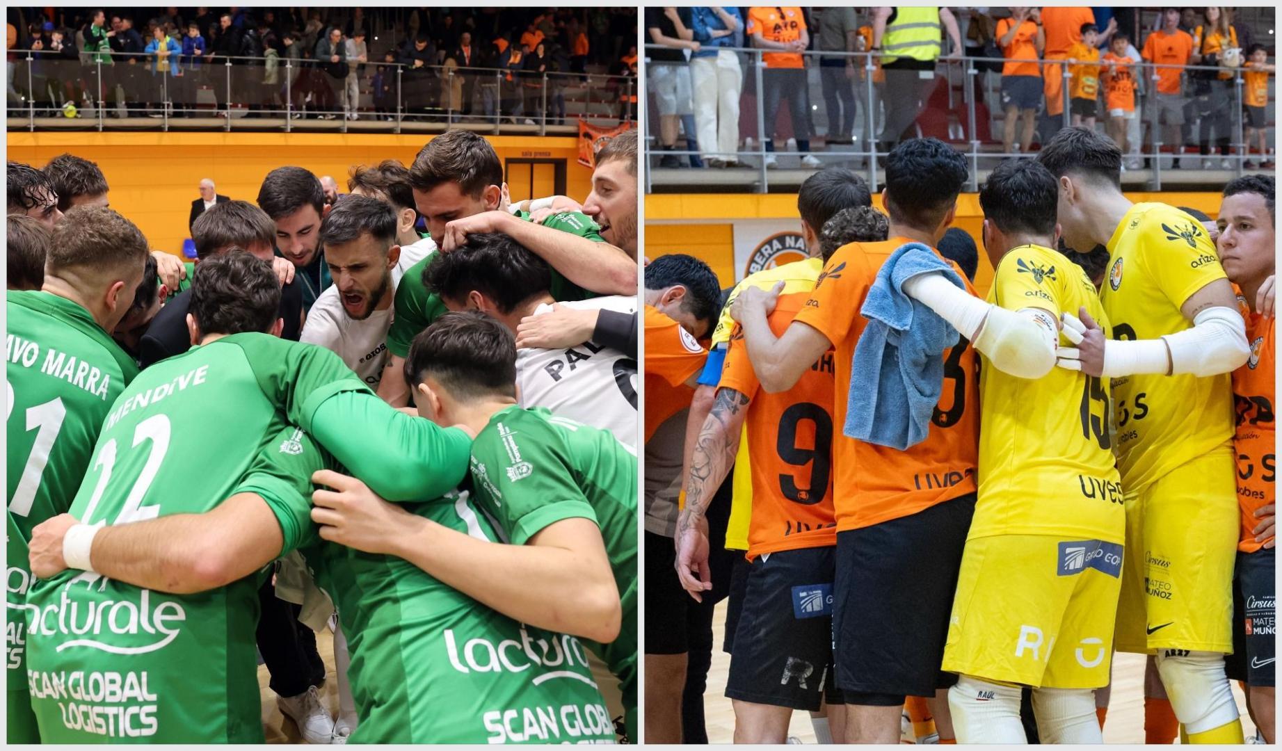 Los jugadores de los dos equipos navarros de la Primera División, Osasuna Magna (izda.) y ATP Ribera (dcha.), en encuentros anteriores