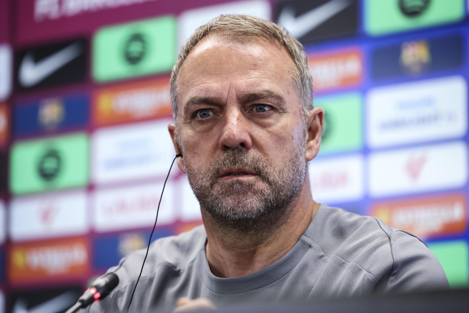 Hansi Flick, durante la rueda de prensa que ha ofrecido este viernes en Barcelona