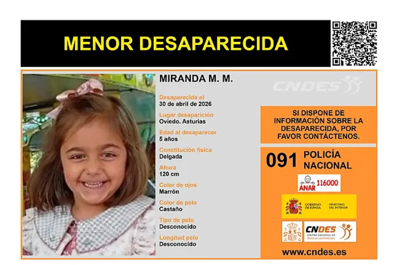 Imagen de la niña de 5 años desaparecida en Oviedo