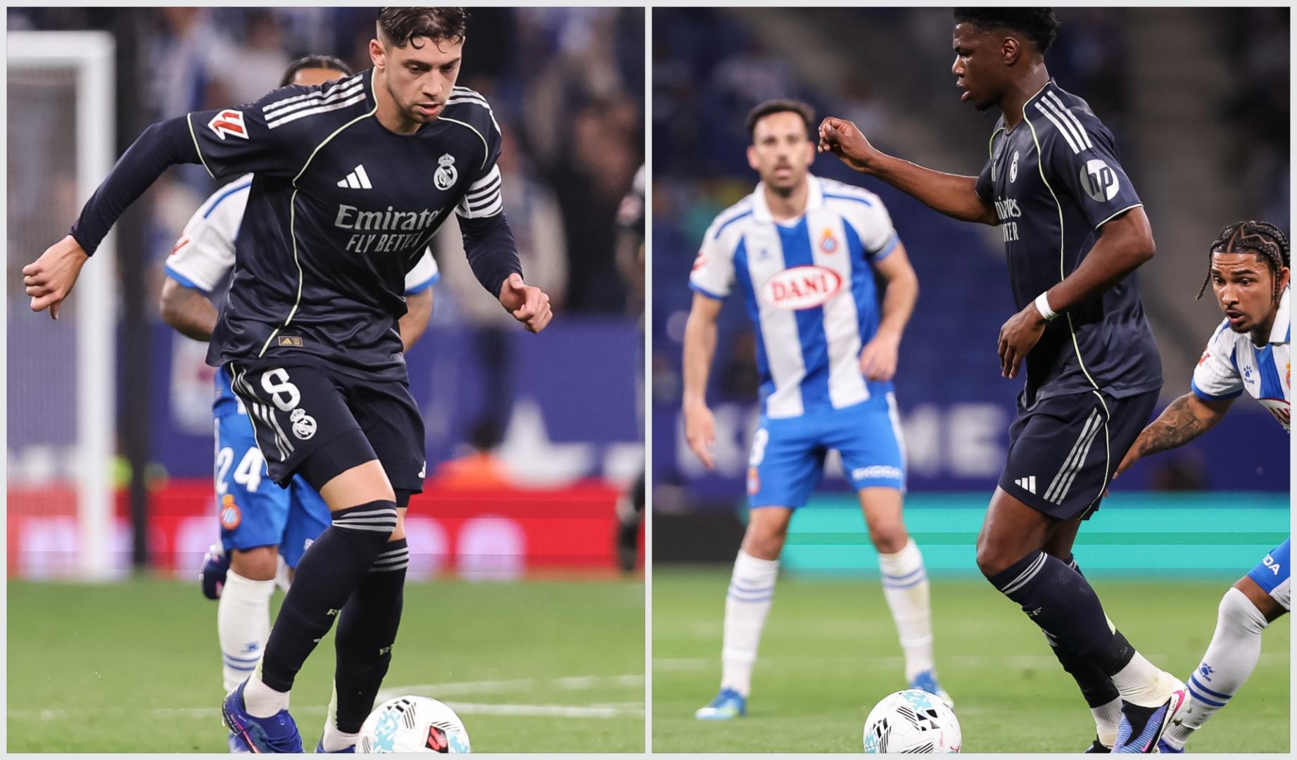 Valverde (izda.) y Tchouaméni (dcha.) en momentos diferentes del encuentro de LaLIga contra el Espanyol