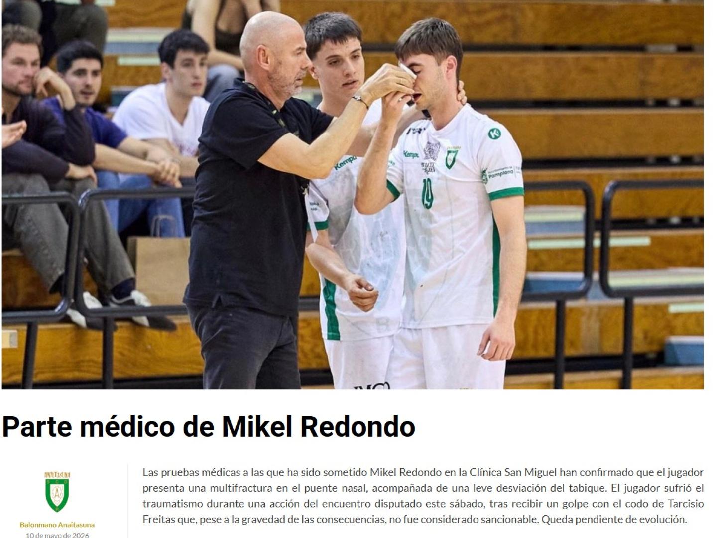 El parte médico de Mikel Redondo anunciado este domingo 10 de mayo por Anaitasuna