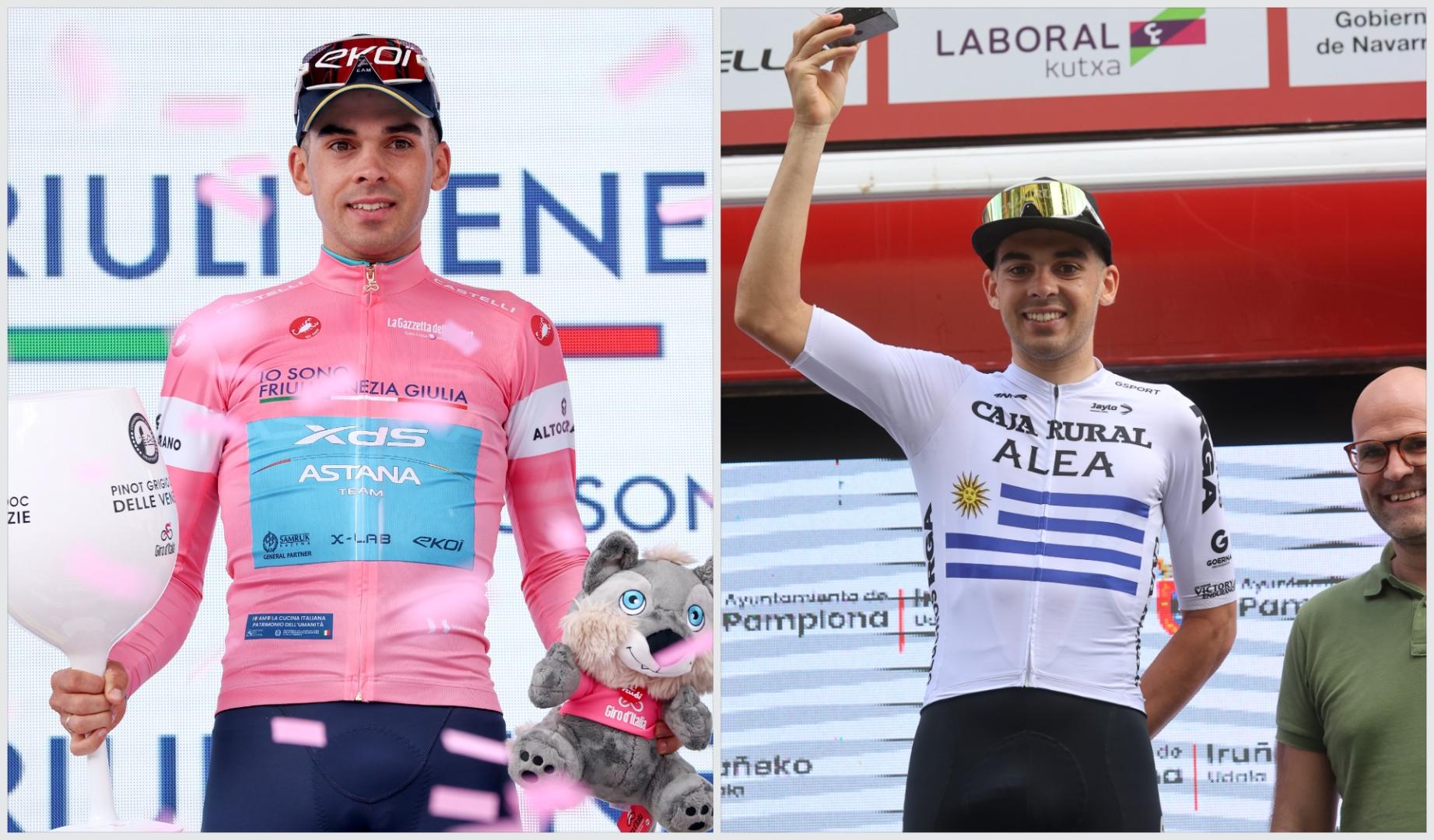 Thomas Silva, con la maglia rosa actual y el maillot de campeón de Uruguay en su etapa del Caja Rural-RGA.