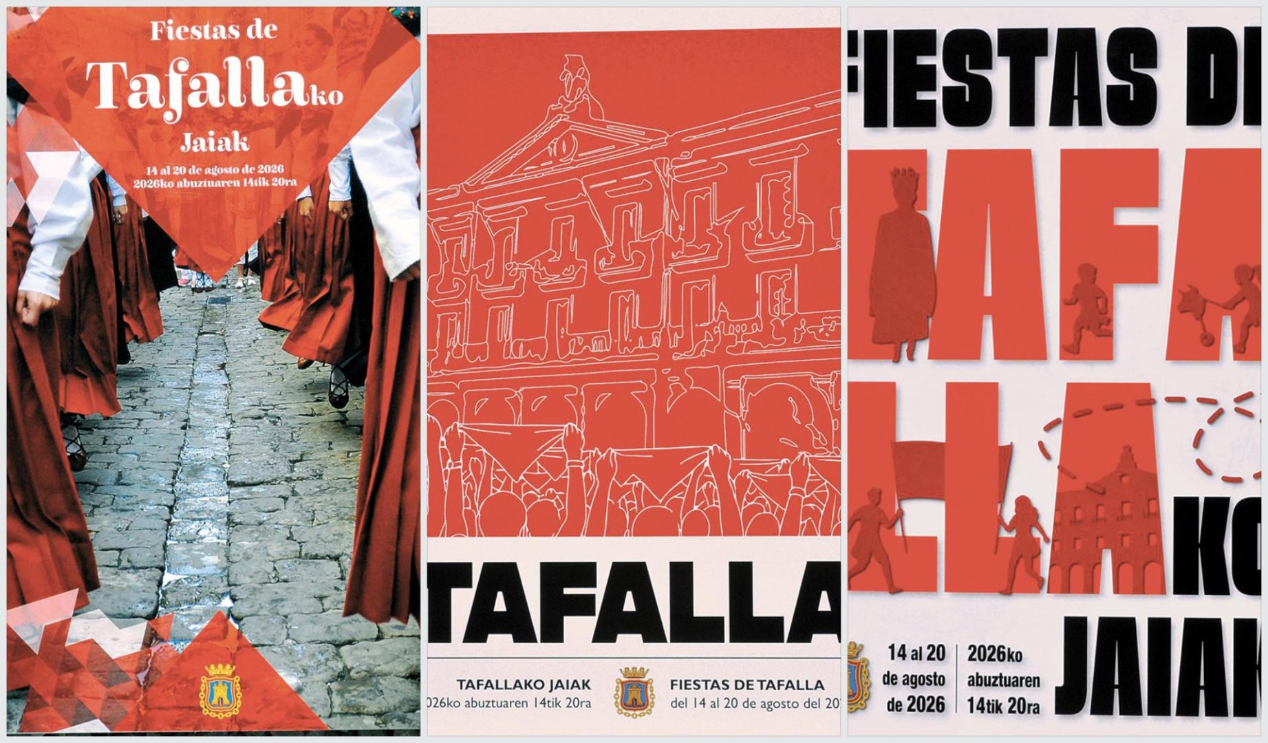 De izda. a dcha., 'Dantzatu', 'Txupinazo' y 'Esenzia', los finalistas que optan al cartel de las Fiestas de Tafalla 2026
