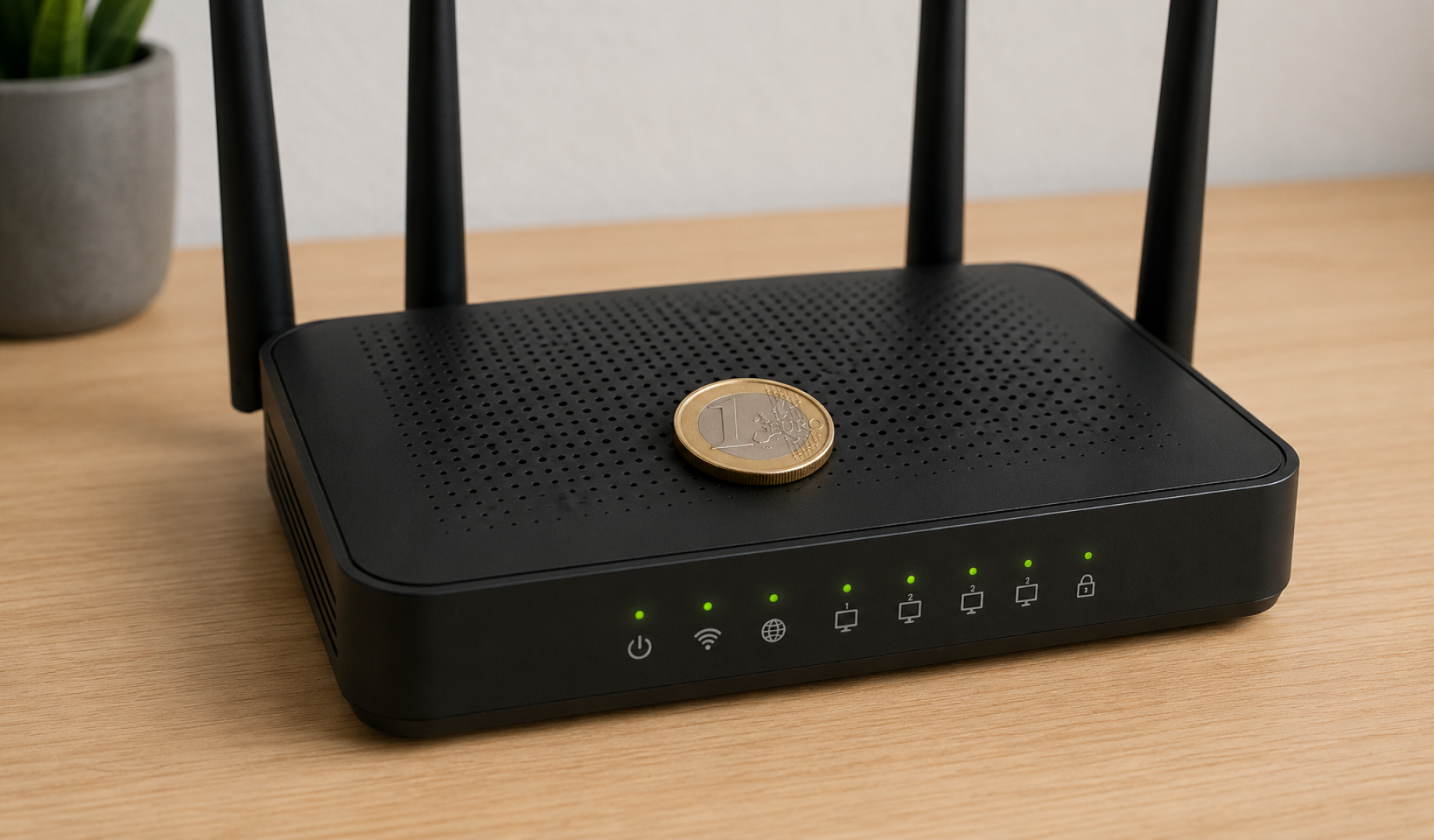 Imagen de un router wifi con una moneda de un euro encima