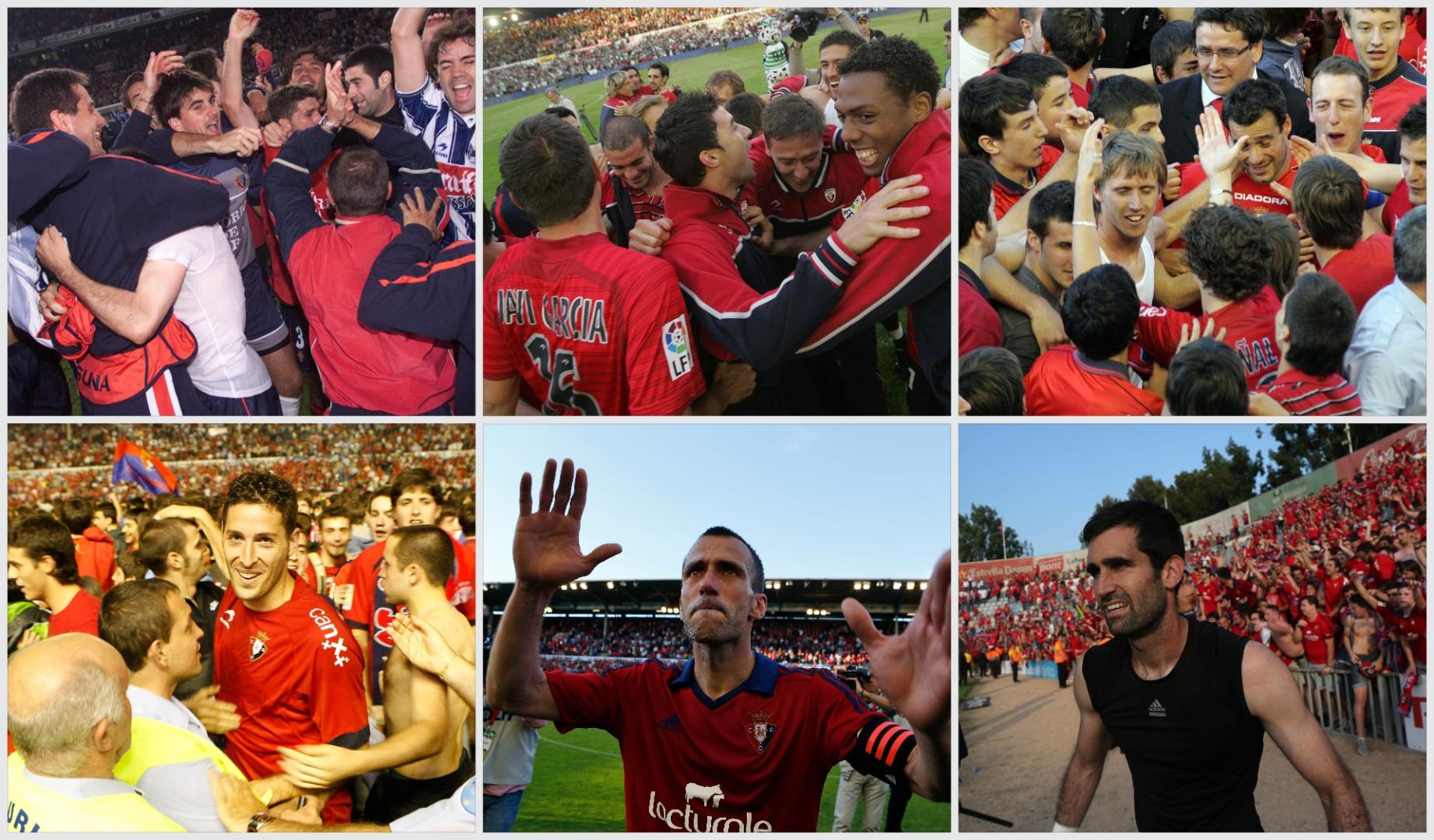 Arriba, la salvaciones en San Sebastián (2001), Santander (2008) y en El Sadar contra el Real Madrid (2009). Abajo, tras la permanencia contra el Villarreal (2011), descenso contra el Betis (2014) y salvación de Sabadell (2015).