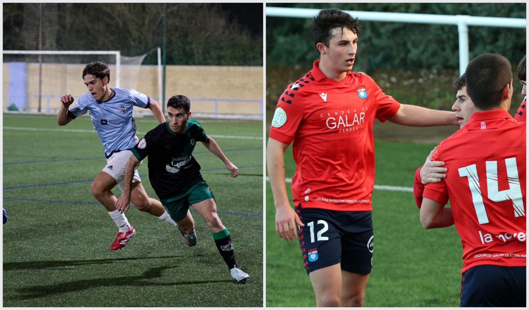Los defensas Aitor Vélaz (izda.) y Aitor Saralegui (dcha.) marcaron los goles que han dado ventaja a sus equipos el Pamplona y el Subiza, respectivamente