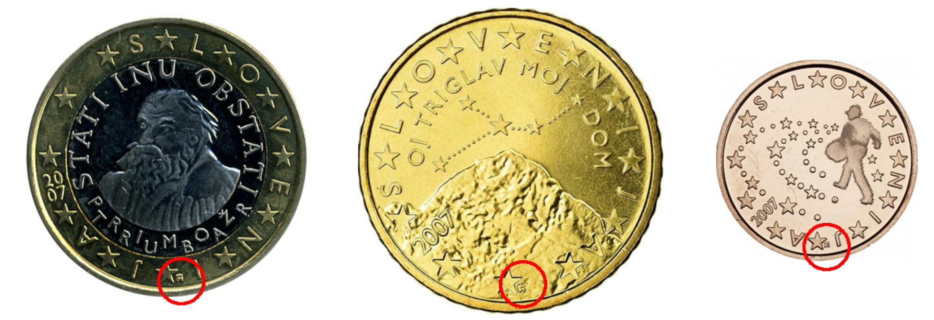 Monedas de 1 euro, 50 y 5 céntimos con la marca de la ceca finlandesa rodeada en rojo