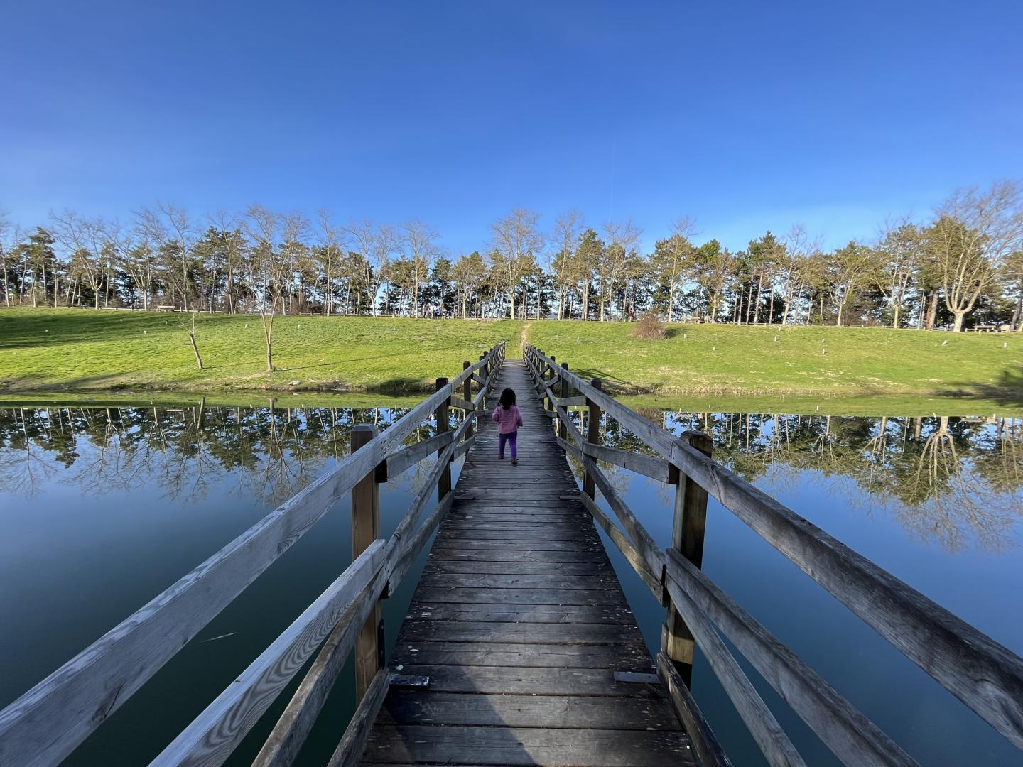 Una niña atraviesa el puente de madera de la balsa de Ardoi