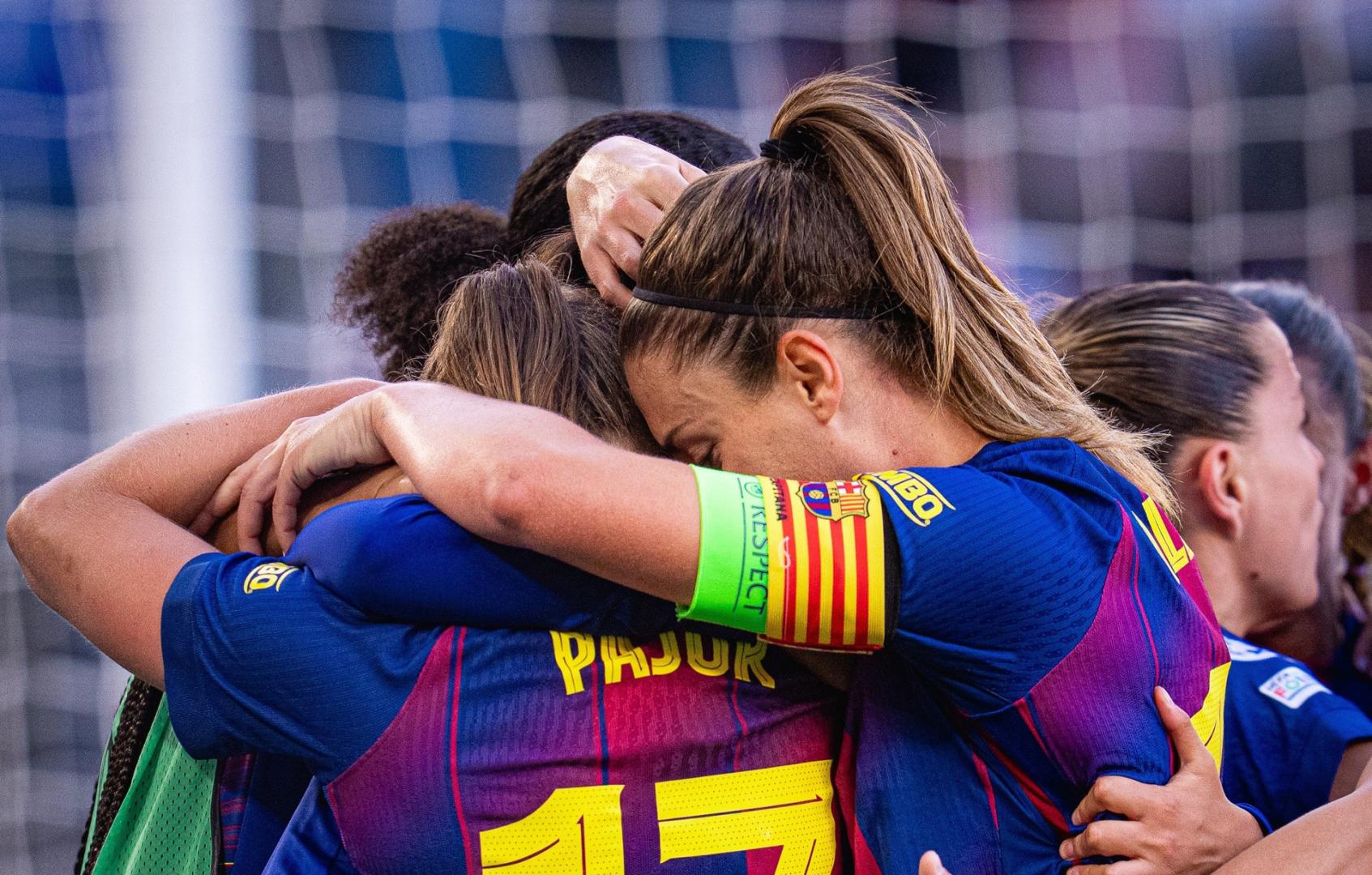 Las jugadoras del Barça Femení celebran uo de sus goles en la final de la Liga de Campeones Femenina 2026 contra el OL Lyonnes en Oslo