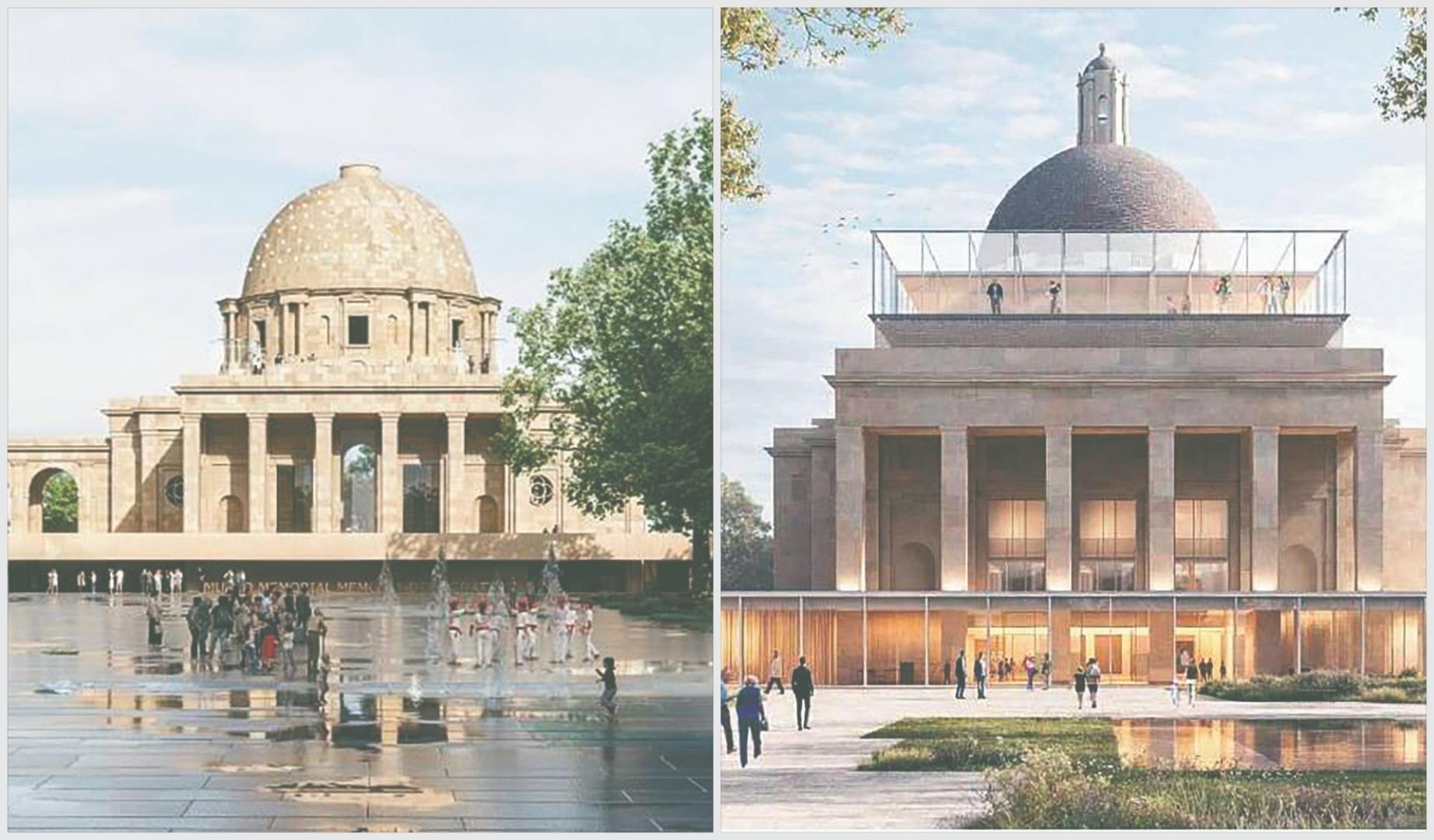 Las dos propuestas finalistas del concurso de Los Caídos: (izq) recreación del proyecto ‘Harriak hitz’, que mantiene las arquerías y elimina la linterna y los templetes de la cúpula en una disposición horizontal, y (dcha) el proyecto 'Hitzaletik Argira' liderado por Óscar Mongay plantea la entrada al futuro Museo memorial por la cripta, que desaparecería