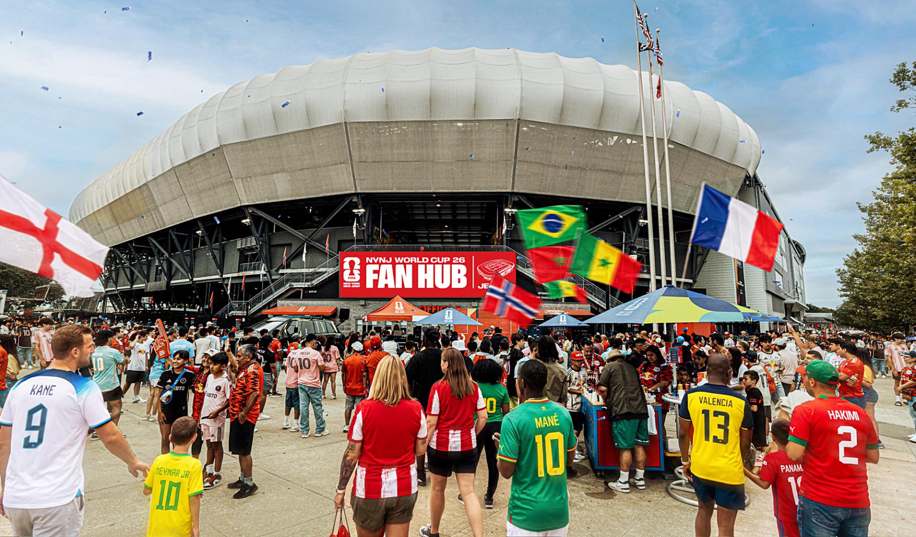 Representación conceptual de una zona de fans alrededor del Estadio Sports Illustrated en Harrison, Nueva Jersey (EE.UU.)