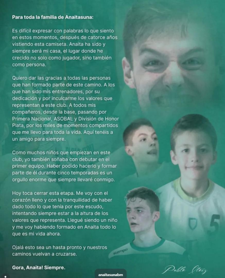 El mensaje que Pablo Itoiz ha compartido en redes tras conocerse su salida de Anaitasuna esta campaña