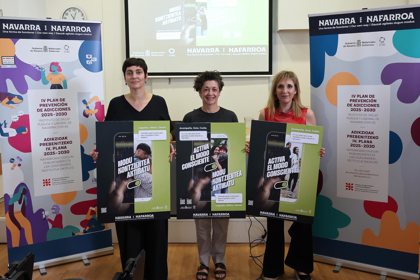 Nerea Álvarez, jefa de servicio de Promoción de la Salud, Mirian Nuin, directora gerente del Instituto de Salud Pública y Laboral de Navarra e Itzal Puchol, jefa de unidad de Estilos de Vidas