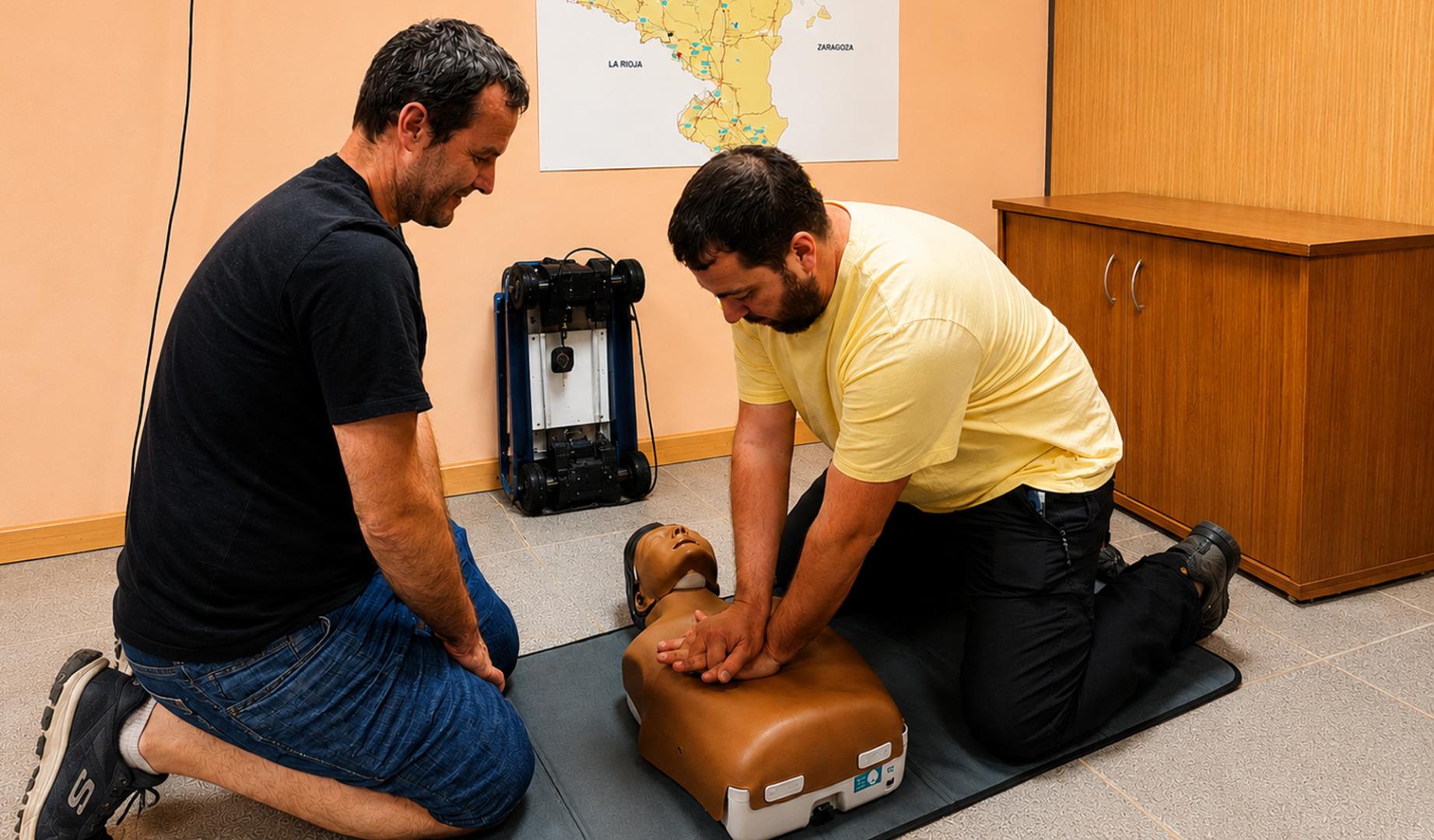 Juan Miguel Elorza (izda.) e Iñigo Murillo (dcha.) practican la reanimación cardiopulmonar con un maniquí de torso.