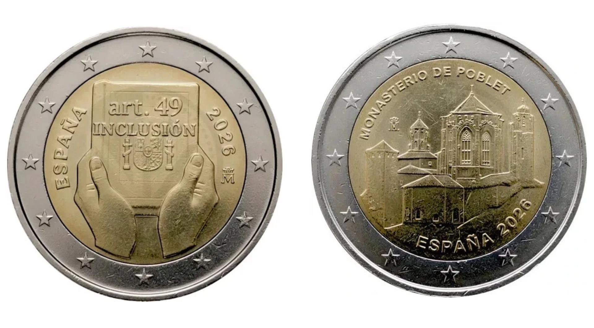 Monedas dedicas al Artículo 49 de la Constitución (izda.) y al Monasterio de Poblet (dcha.)