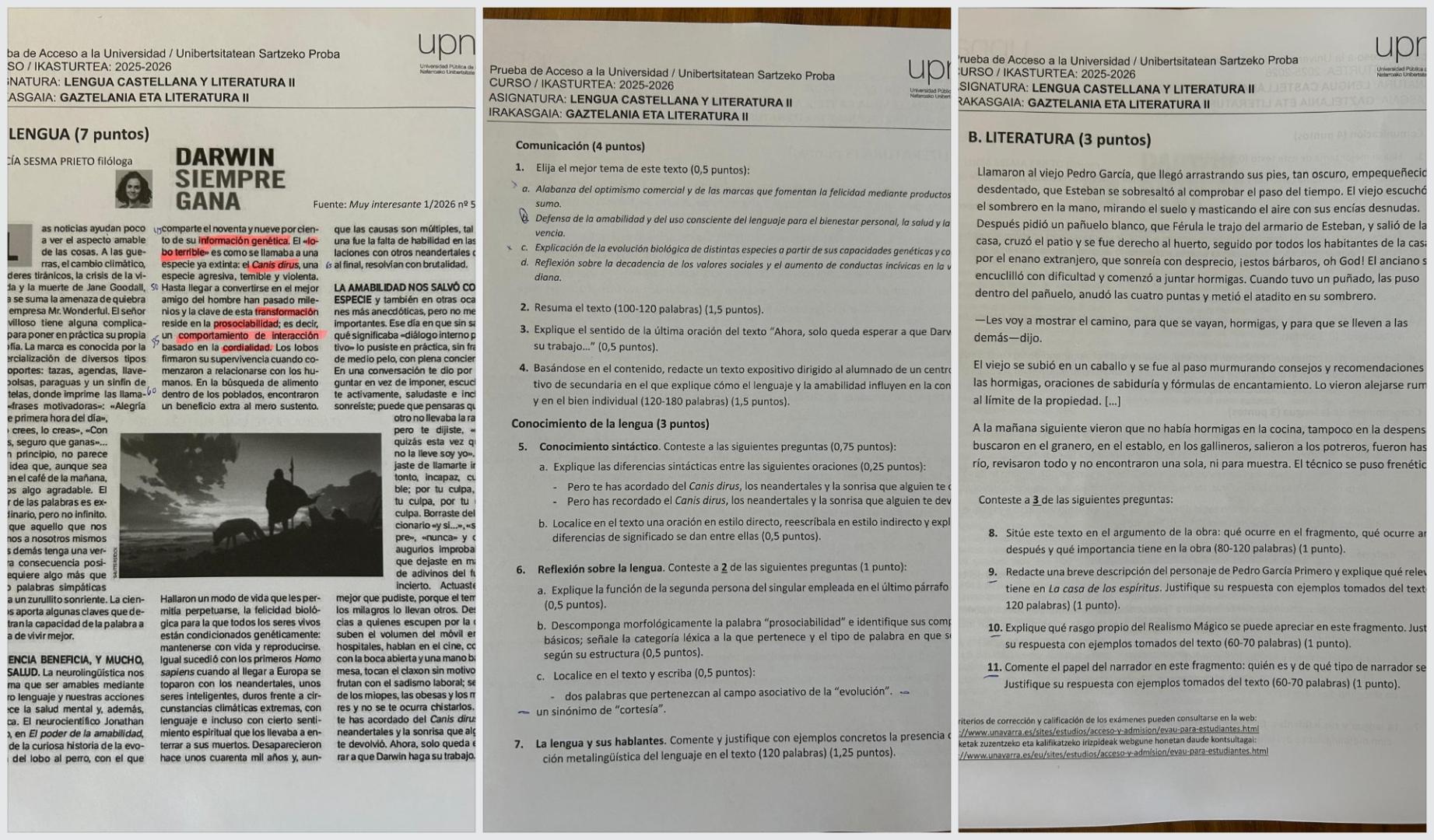 Examen de Lengua Castellana y Literatura II de la PAU 2026