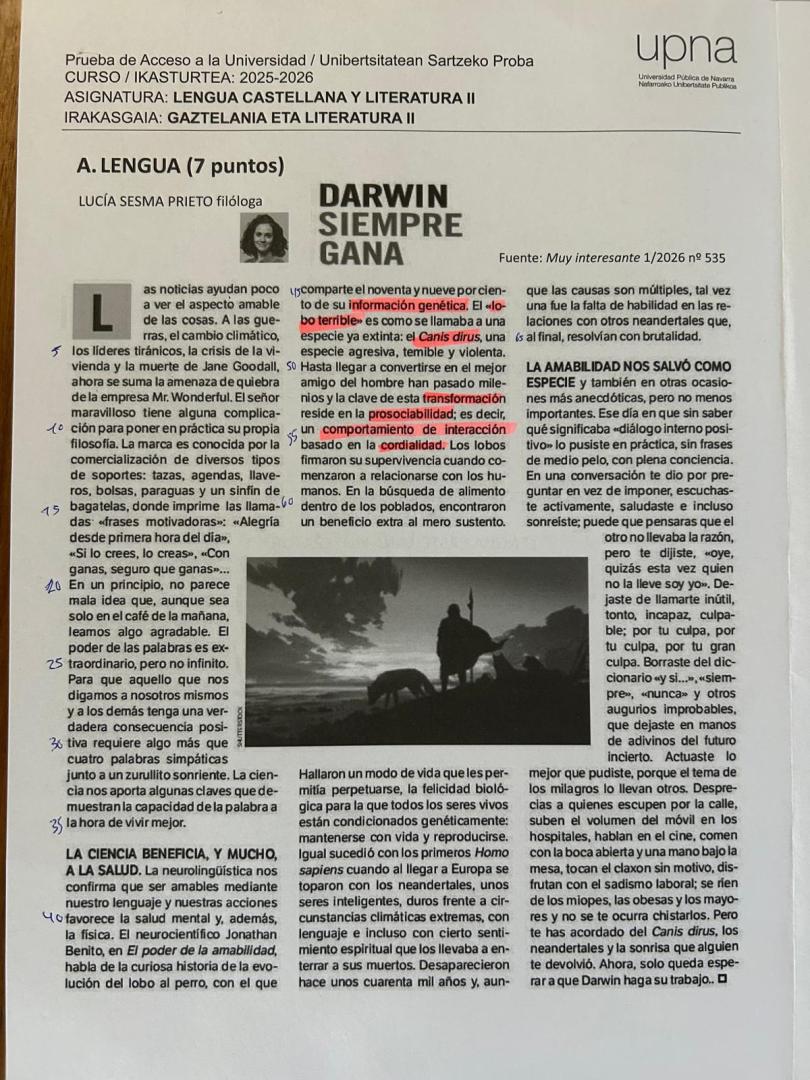 Examen de Lengua Castellana y Literatura II de la PAU 2026