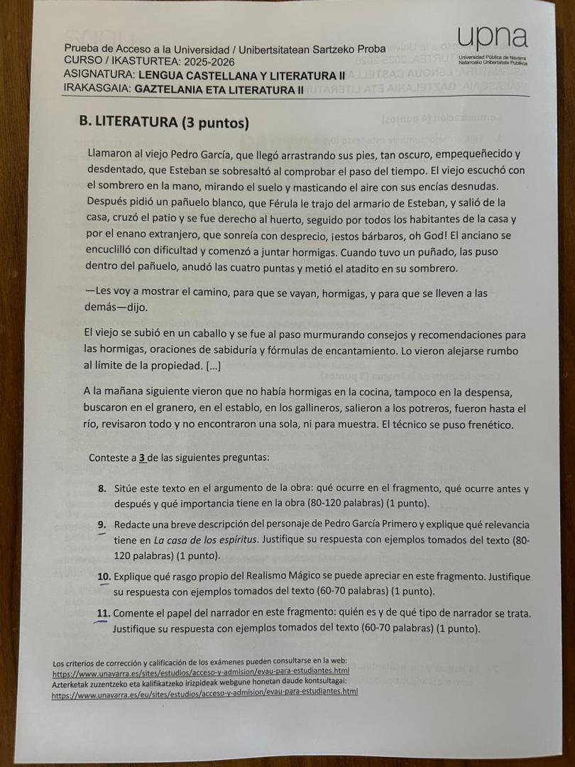 Examen de Lengua Castellana y Literatura II de la PAU 2026