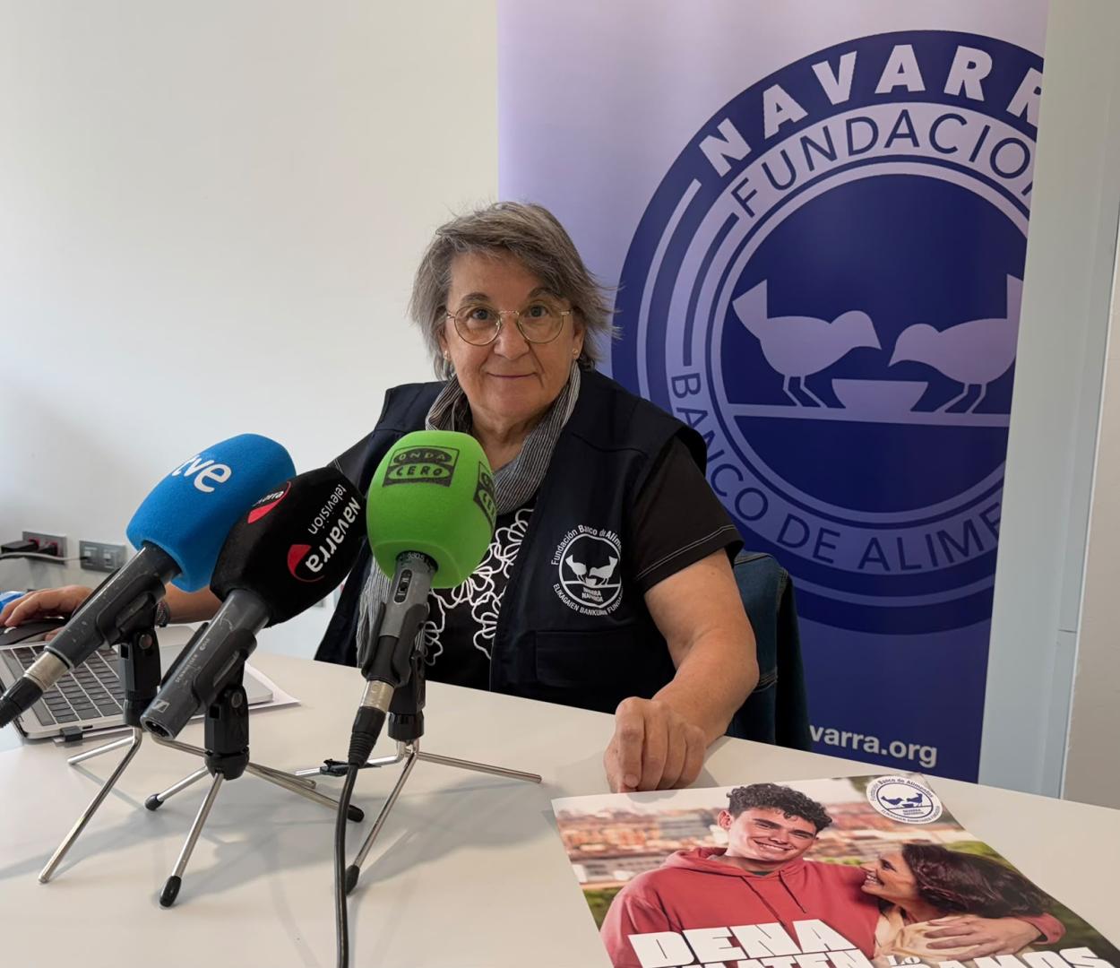 La presidenta del Banco de Alimentos de Navarra, Marisol Villar en rueda de prensa esta mañana.