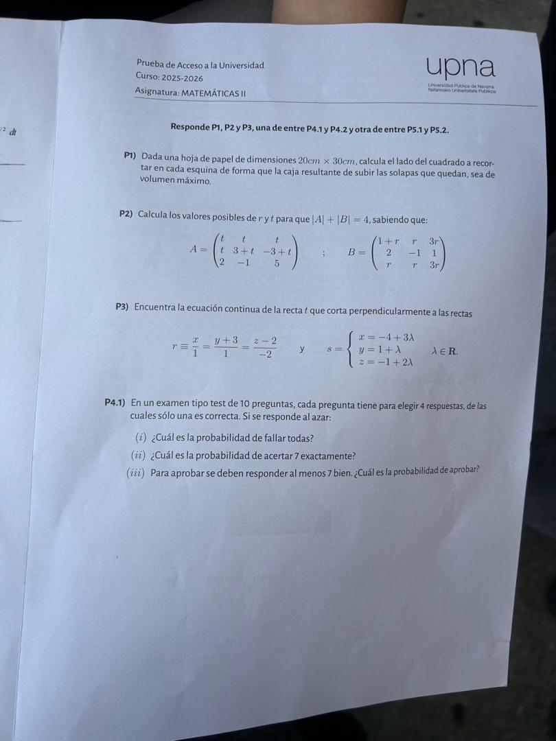 Examen de Matemáticas II de la PAU 2026 en Navarra