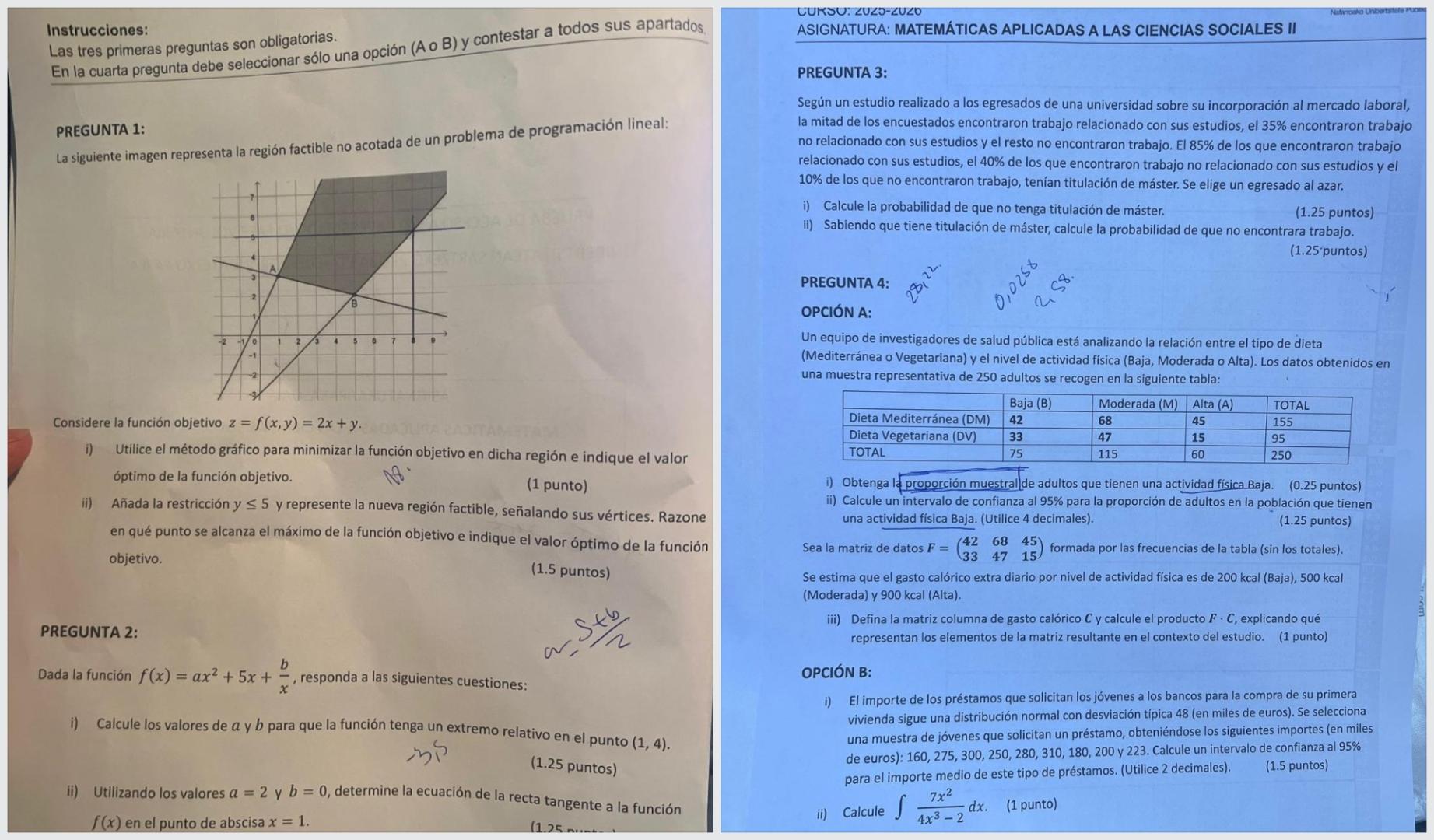 Exámenes de Matemática Aplicadas a las Ciencias Sociales II de la PAU 2026