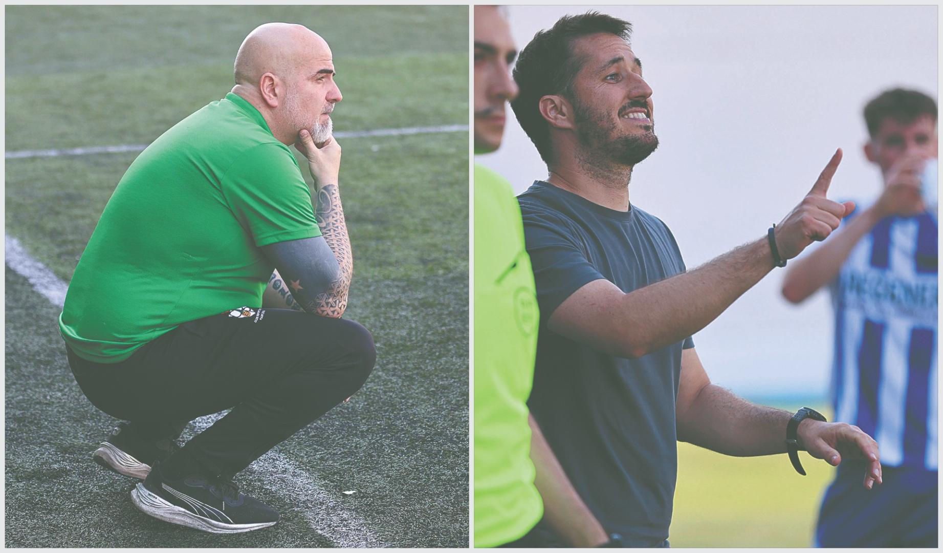A la izda., Miguel Ángel Sierra en el área técnica de Merkatondoa. A la dcha., Julen Etxebeste da instrucciones a uno de sus jugadores en el duelo de ida