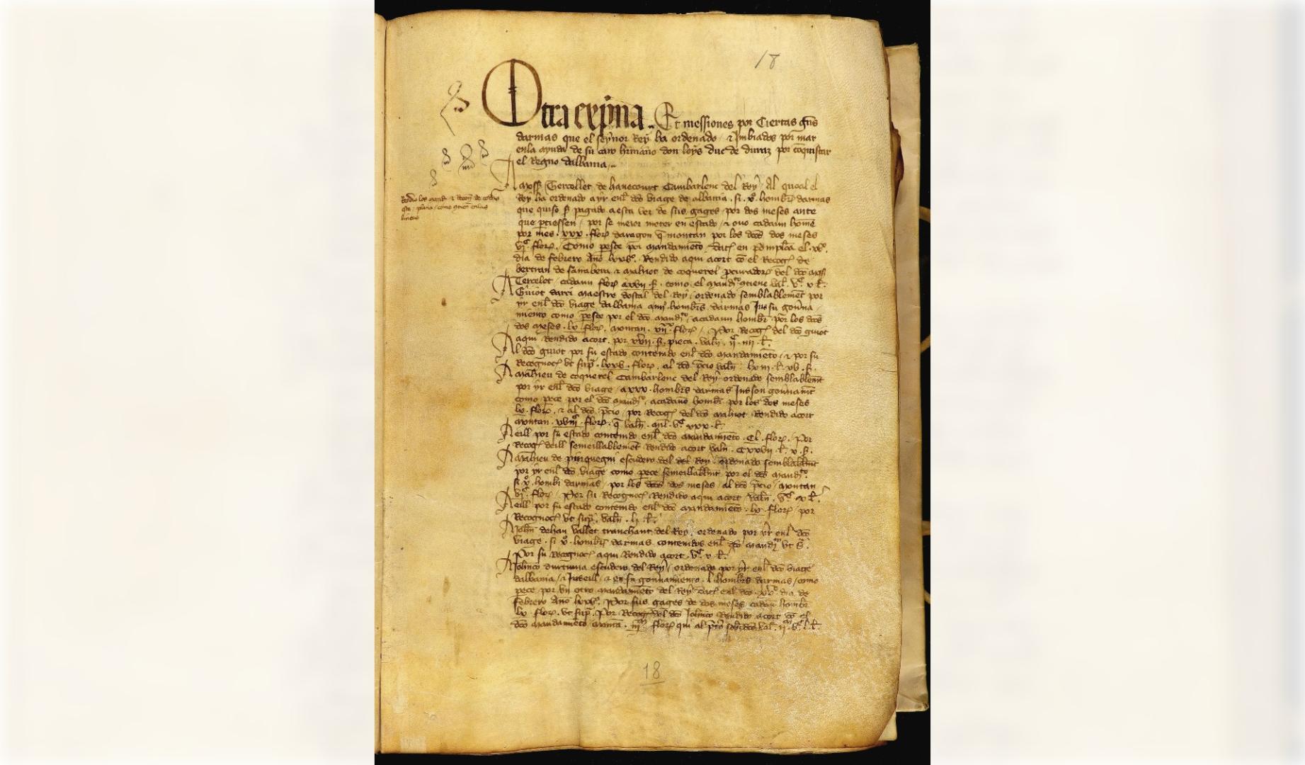 Registro de cuentas con los pagos a las gentes de armas reclutadas para la campaña de Albania en 1376.