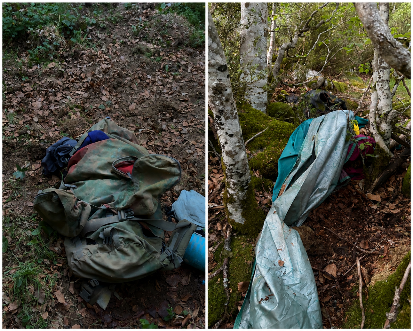 Mochila y lona de plástico encontrados por el vecino de Pamplona y su amiga en el llano de Eskilzarra y dentro del bosque, cerca del refugio de Belagua.