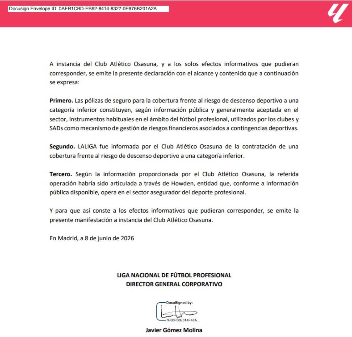 Certificado de LaLiga sobre la operación