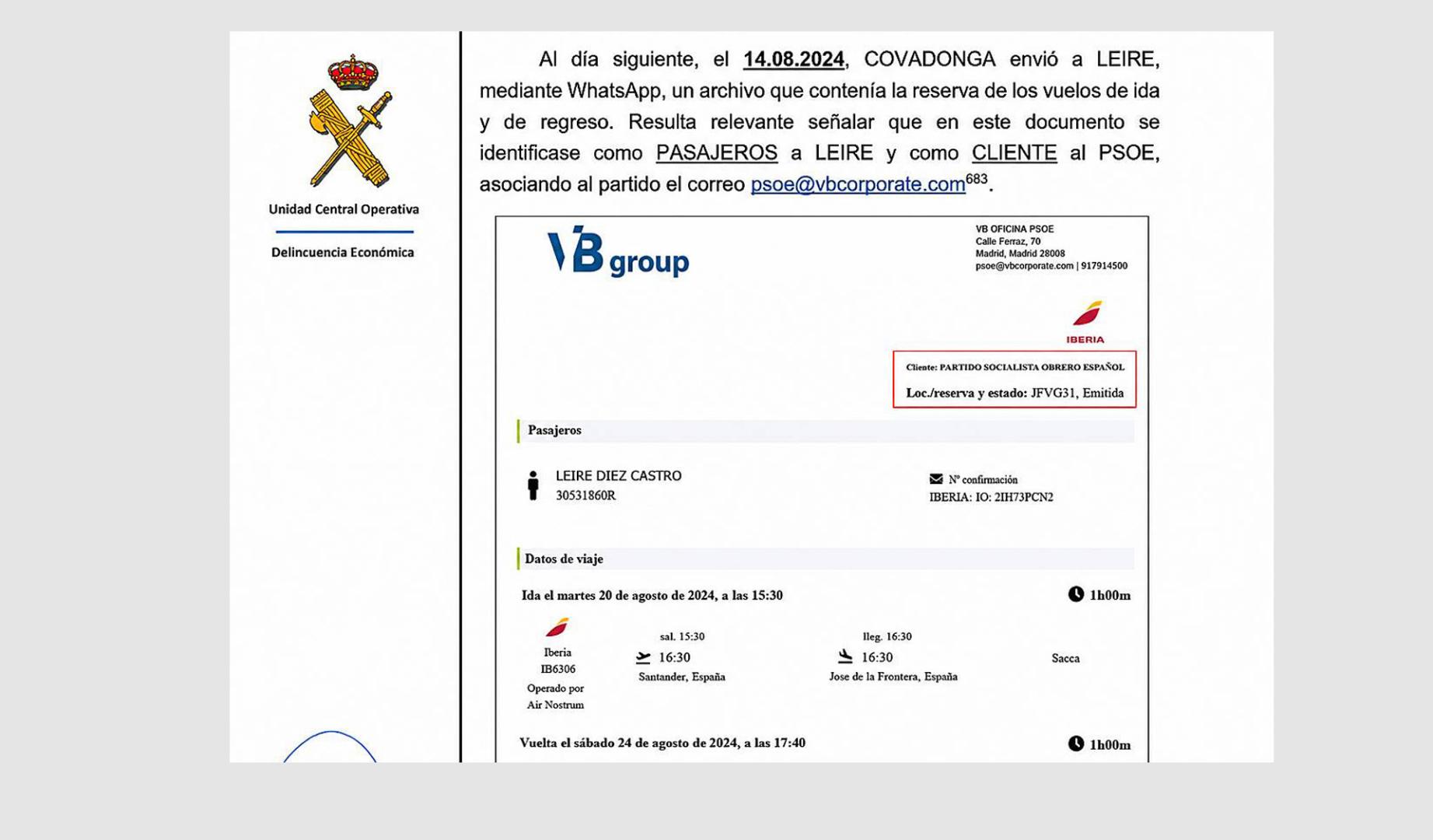 Uno de los billetes de Leire Díez pagados por el PSOE y recuperados por la UCO