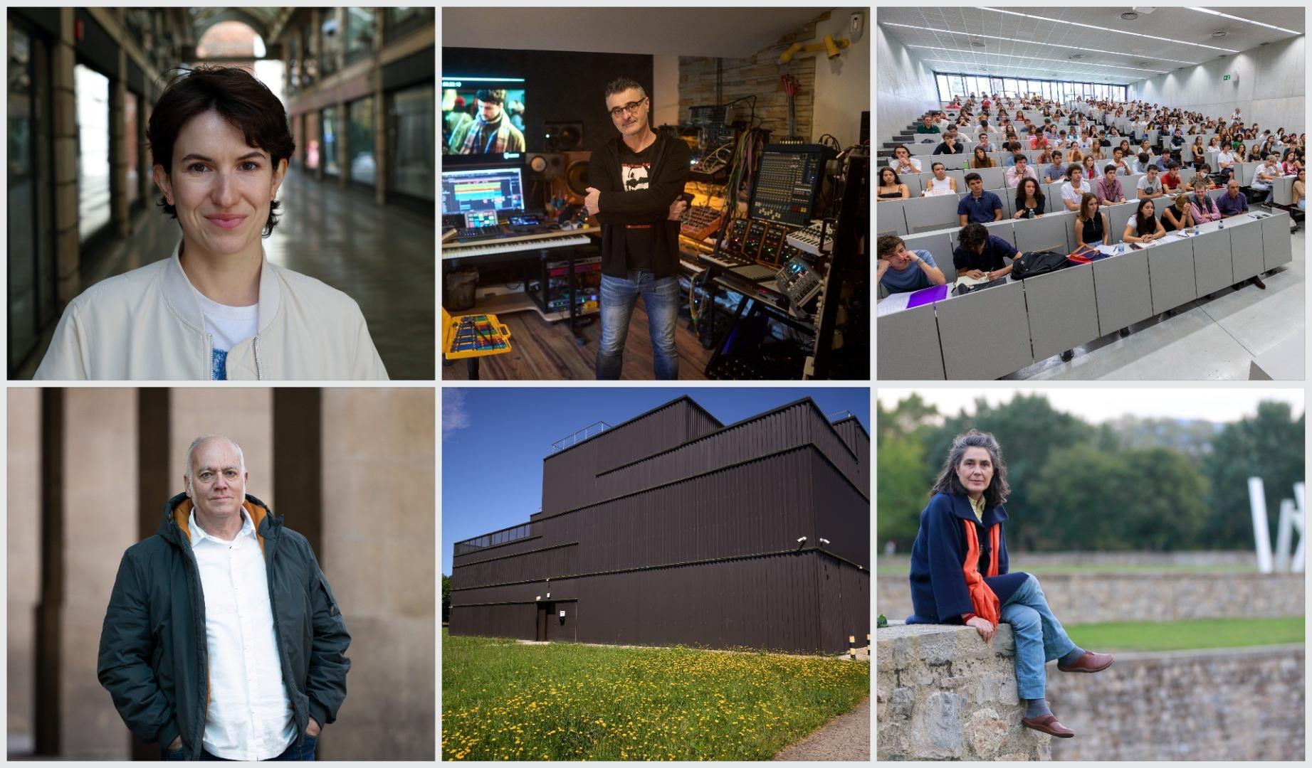 Arriba, de izquierda a derecha, Irati Gorostidi, Mikel Salas y Facultad de Comunicación de la Universidad de Navarra. Debajo, de izquierda a derecha, Iñaki Alforja, Estudios Midnight Fear Factory en Lekaroz y Ana Díez