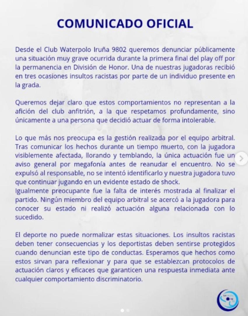 Comunicado del Waterpolo Iruña 9802