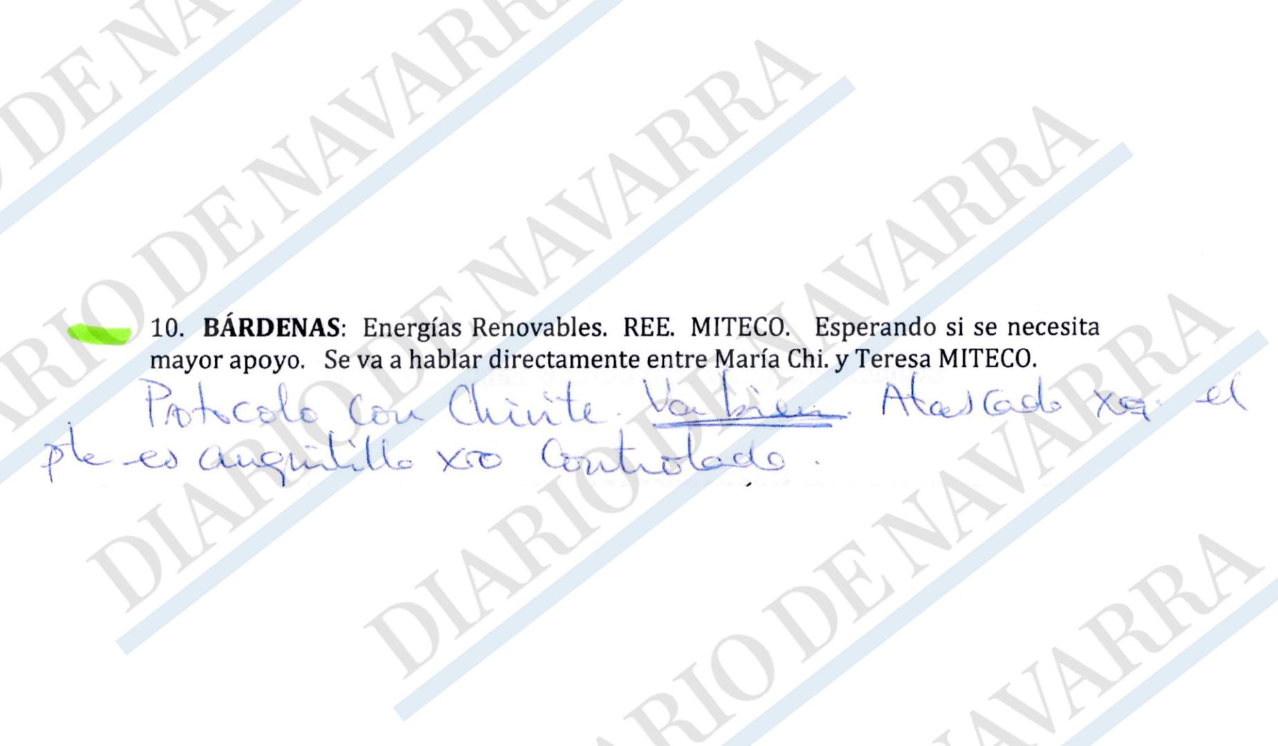 Anotación de Leire Díez en la que alude a una reunión entre Chivite y Teresa Ribera