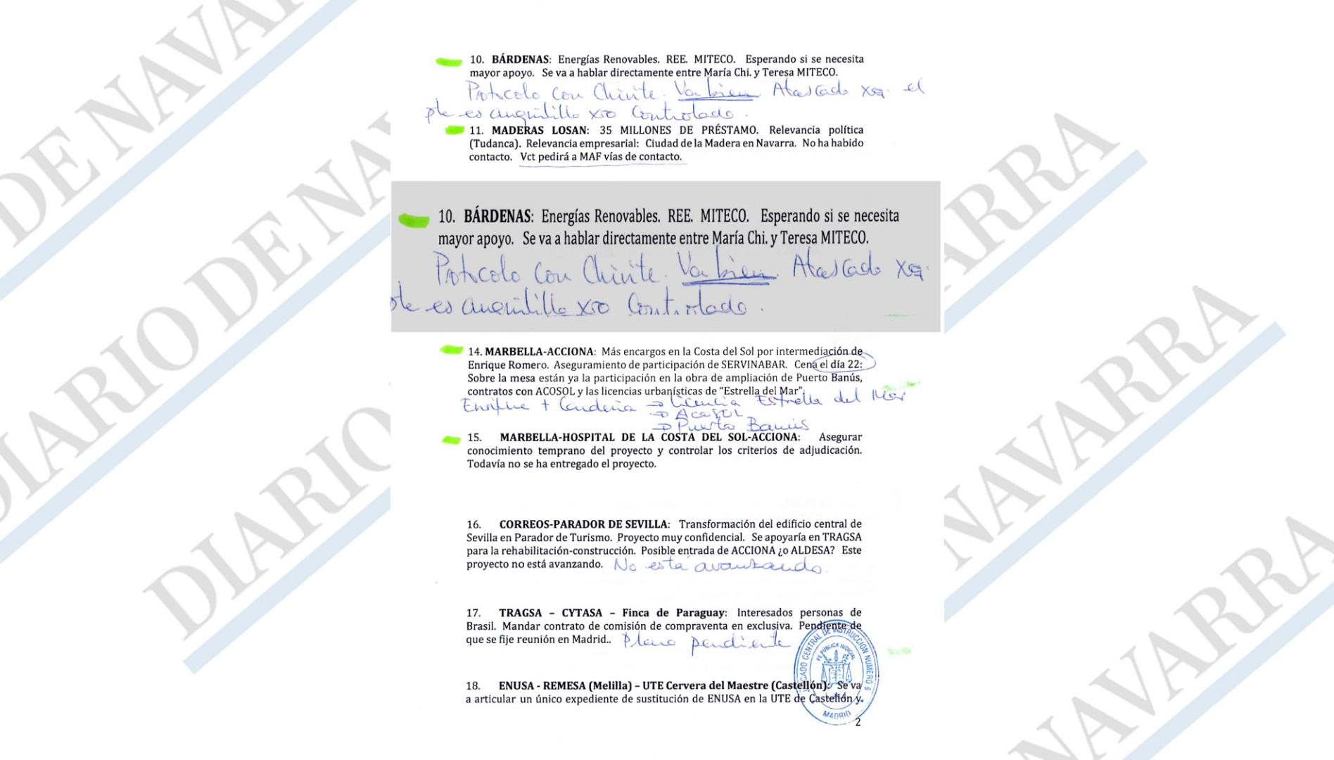 Documento que estaba en poder de Leire Díez, con los negocios sobre los que estaban trabajando. En el punto diez figura Bardenas