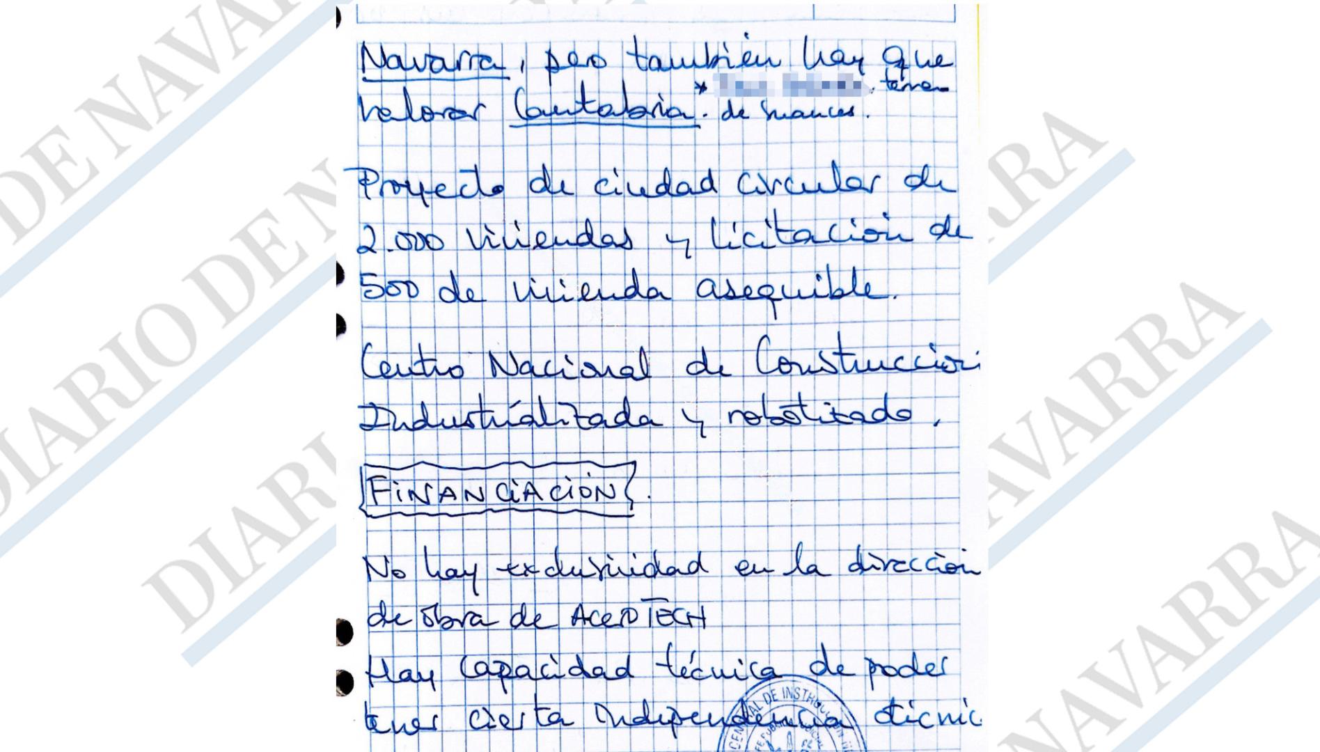 Hoja de una libreta de Leire Díez donde se cita el proyecto de Ciudad Circular de Pamplona y el centro nacional de la construcción