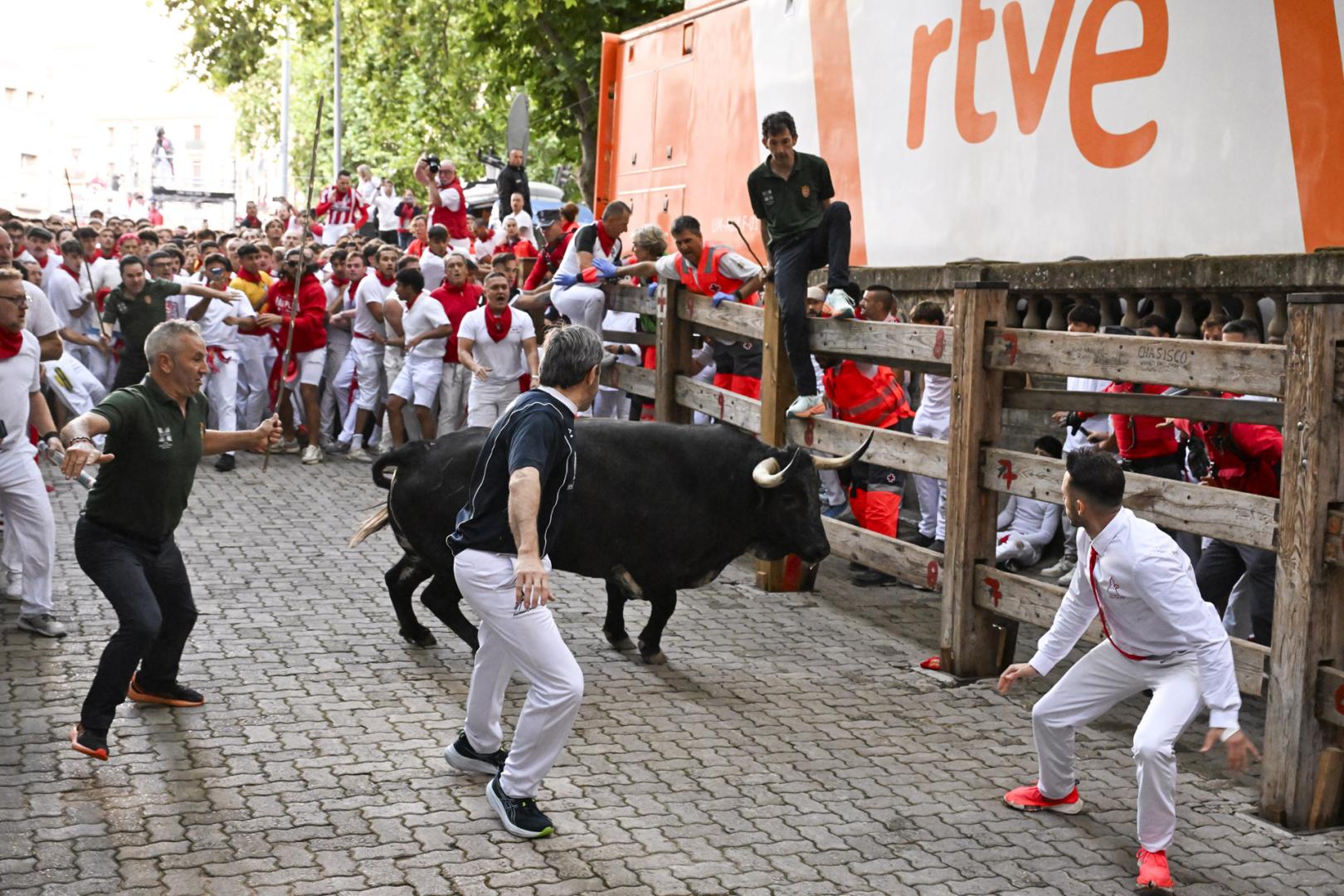 Dos corredores tiran de un Cebada Gago en un encierro del año pasado, con el camión de RTVE para la retransmisión tras el vallado