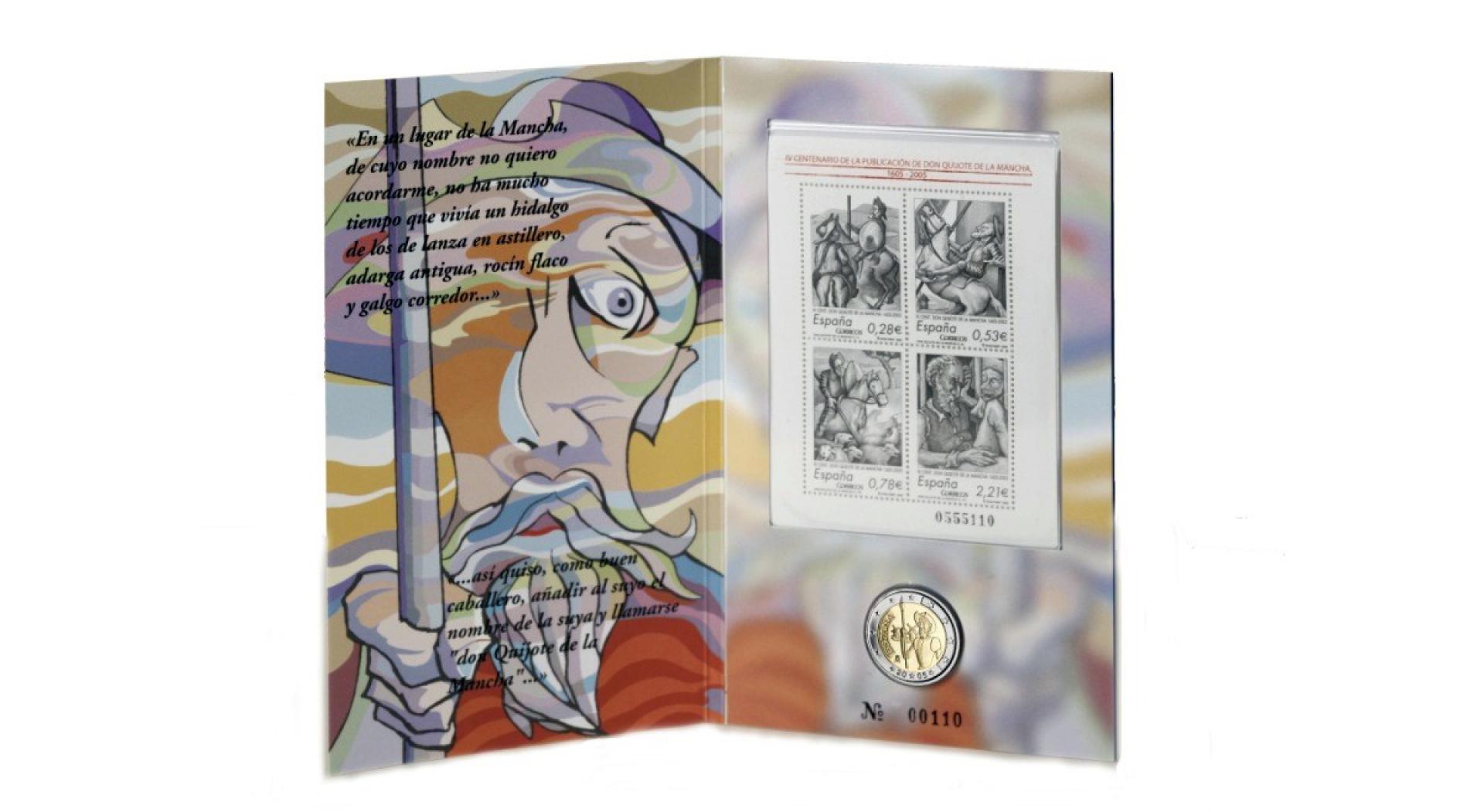 Carterita numerada con la moneda y sellos de El Quijote