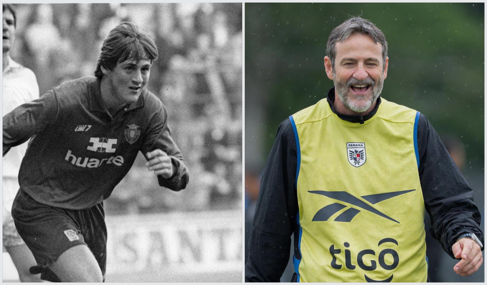 Thomas Christiansen, en una imagen en El Sadar en 1994 con la camiseta de Osasuna y en otra actual dirigiendo a Panamá en una sesión en el Mundial