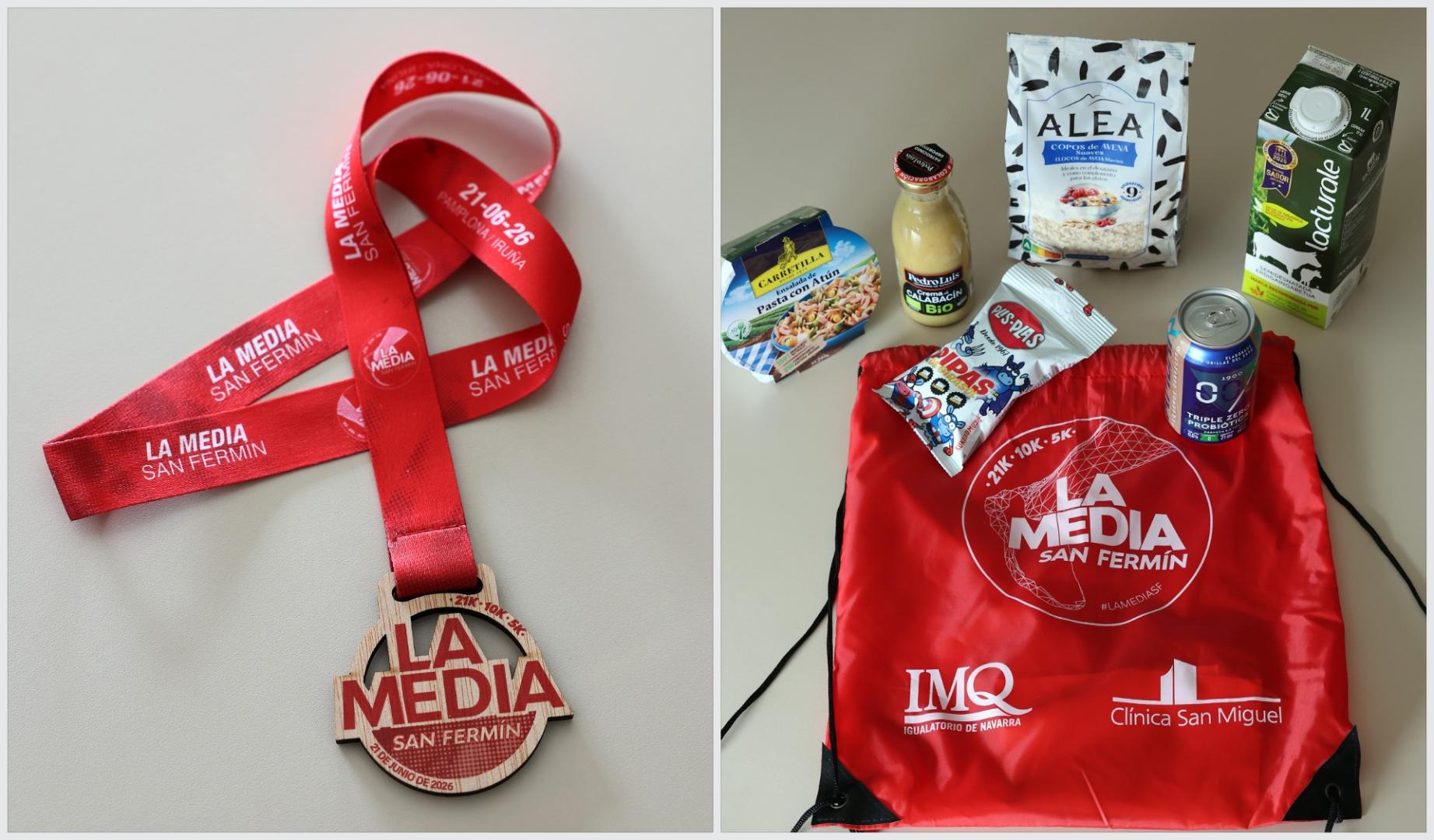 A la izda., la medalla conmemorativa. A la dcha., bolsa del corredor con productos de Lacturale, Alea, Ambar, Plis Plas, Conservas Pedro Luis y Carretilla