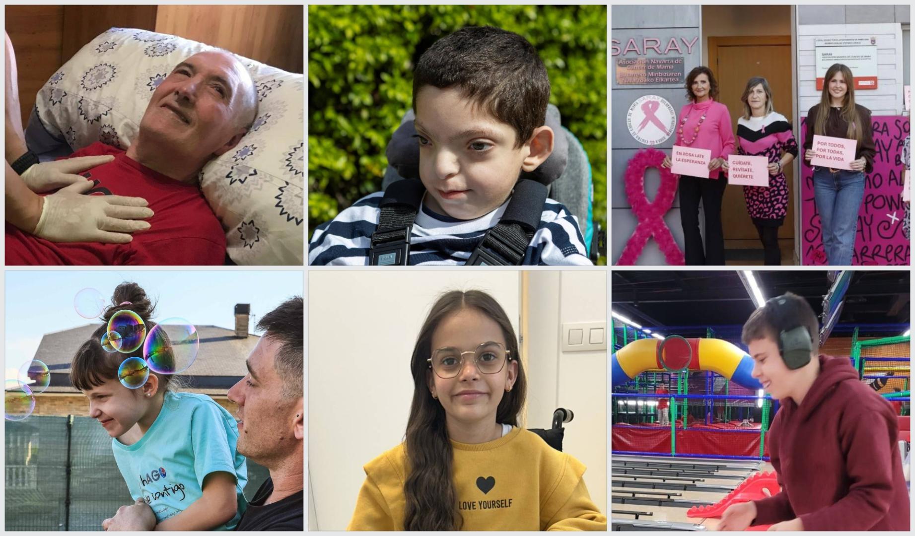 Un usuario del Club Deportivo El Molino; Aimar, un niño con una enfermedad rara; El programa de atención psicológica de Saray también ha resultado apoyado; Uxue, una niña con el síndrome de Argonauta; Martina tiene síndrome de dolor regional complejo; y un usuario de la asociación de personas afectadas por ELA.