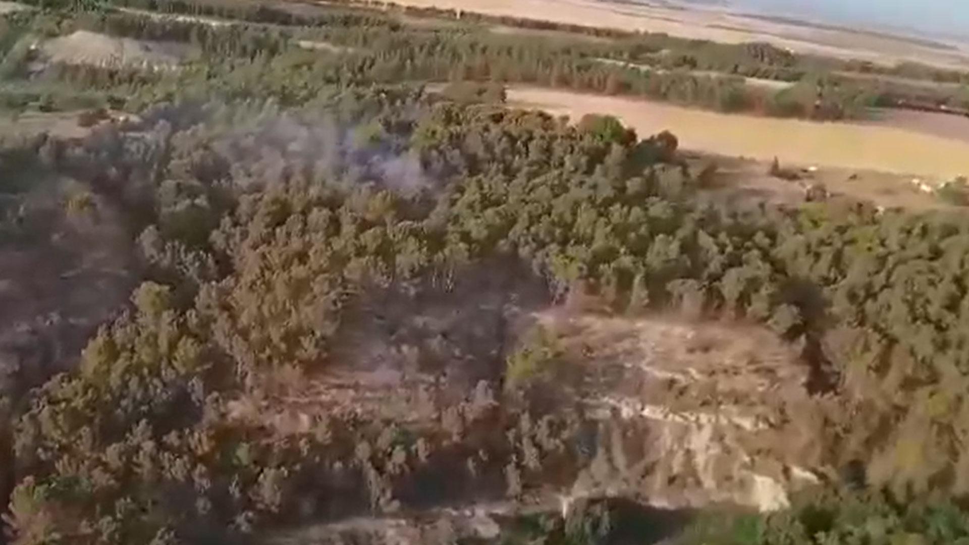Foto realizada desde el helicóptero del incendio de un pinar en Lerín