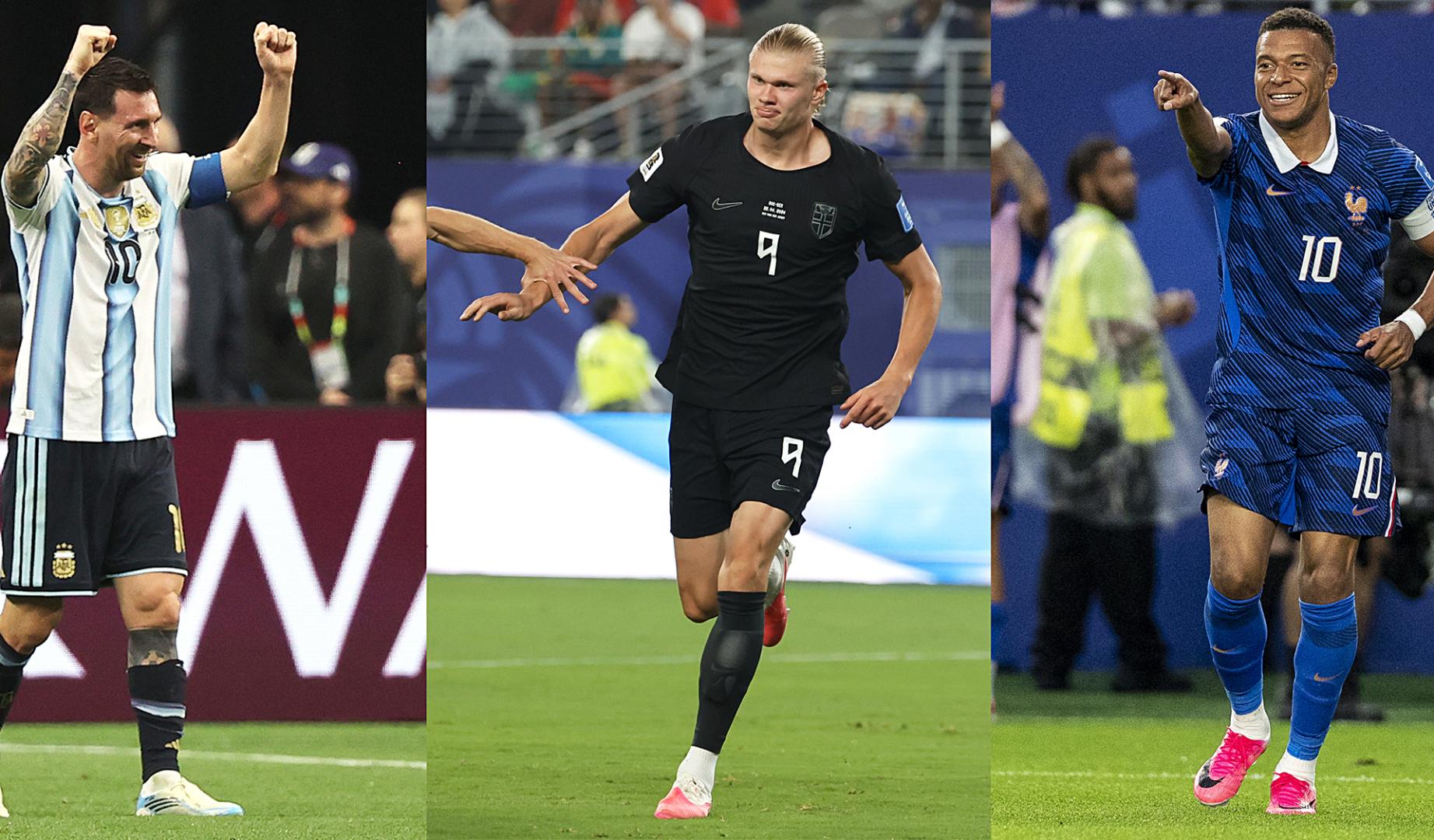 Combo de fotografías que muestran a los jugadores Lionel Messi (izda) de Argentina, Erling Haaland (centro) de Noruega, y Kylian Mbappe de Francia celebrando goles este Mundial 2026