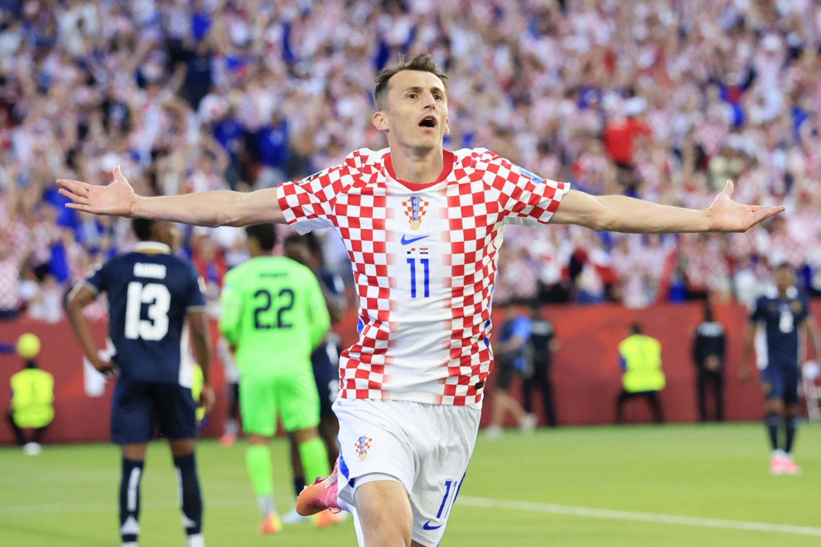 FOTODELDÍA GR3077. TORONTO (CANADÁ), 23/06/2026.- Ante Budimir de Croacia celebra un gol este martes, en un partido del grupo L del Mundial de la FIFA 2026 entre Panamá y Croacia en el estadio BMO en Toronto (Canadá). EFE/ Bienvenido Velasco