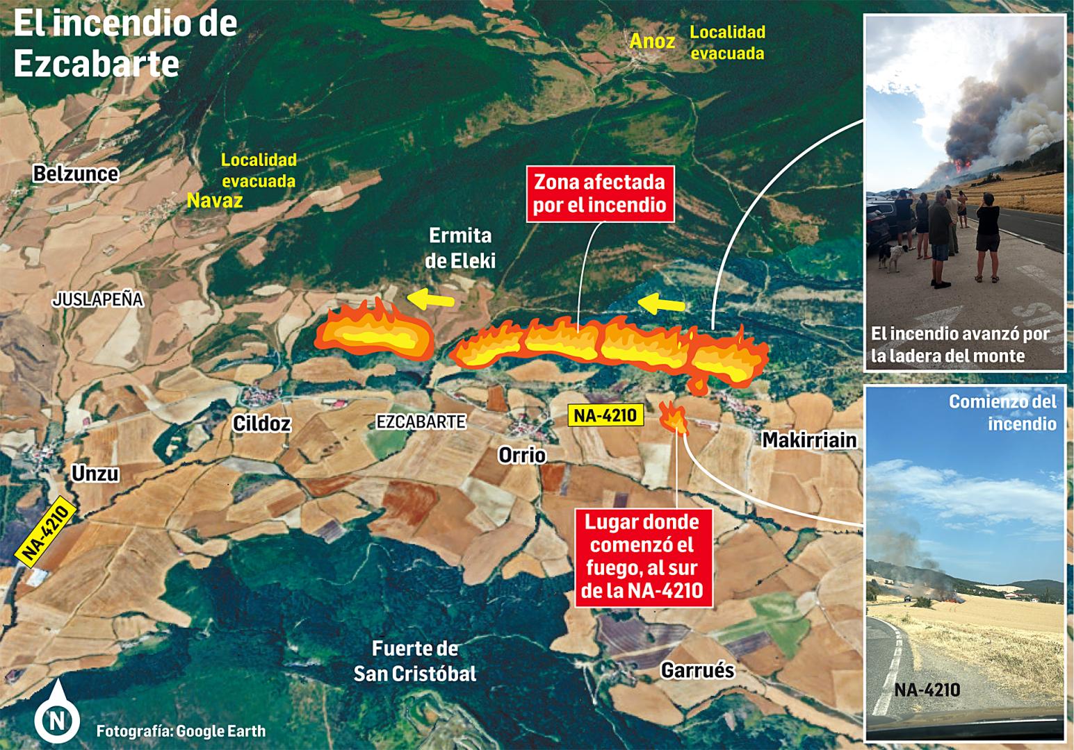 Gráfico con el mapa de las zonas afectadas tras el incendio de Ezcabarte