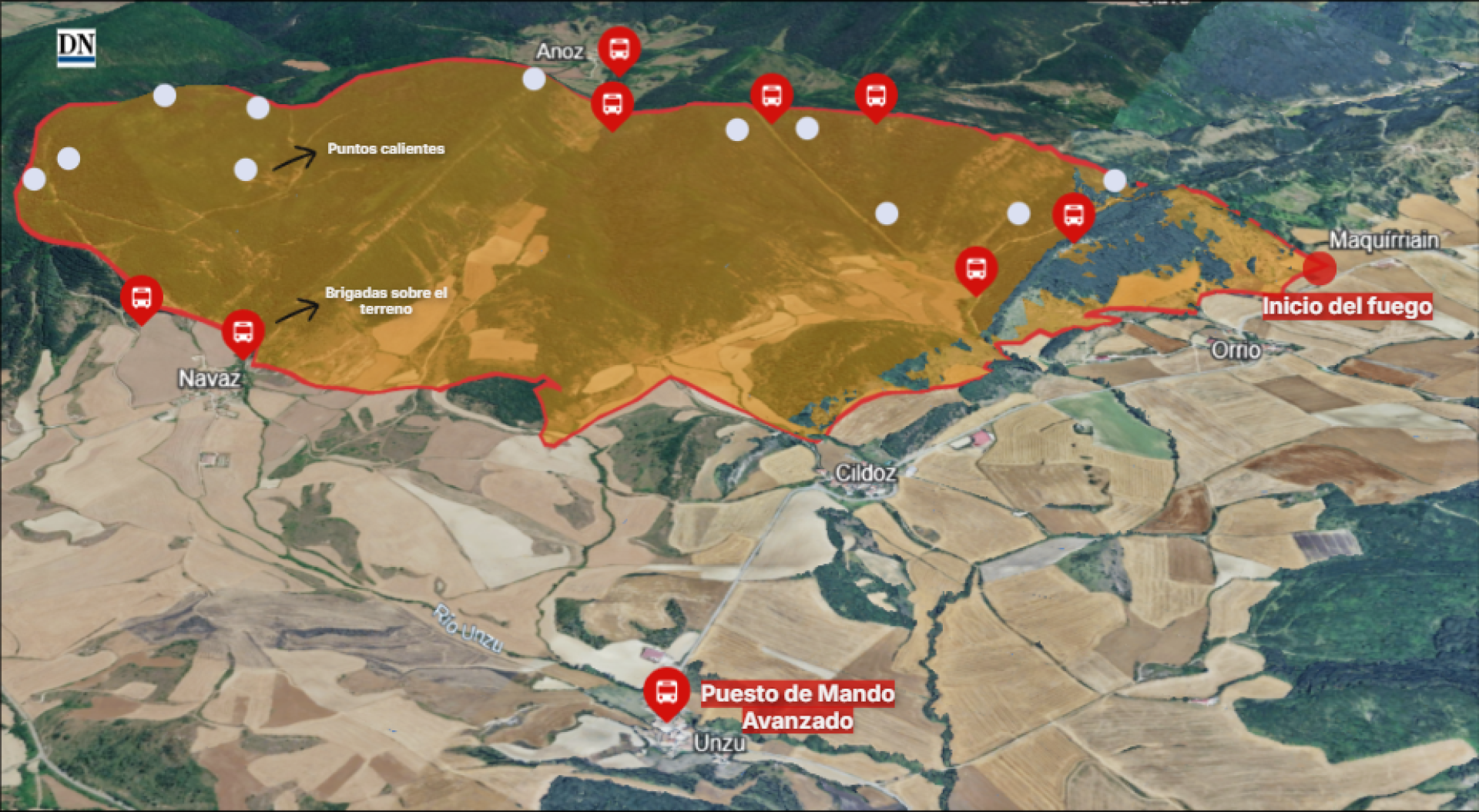 Mapa de la situación actual del incendio