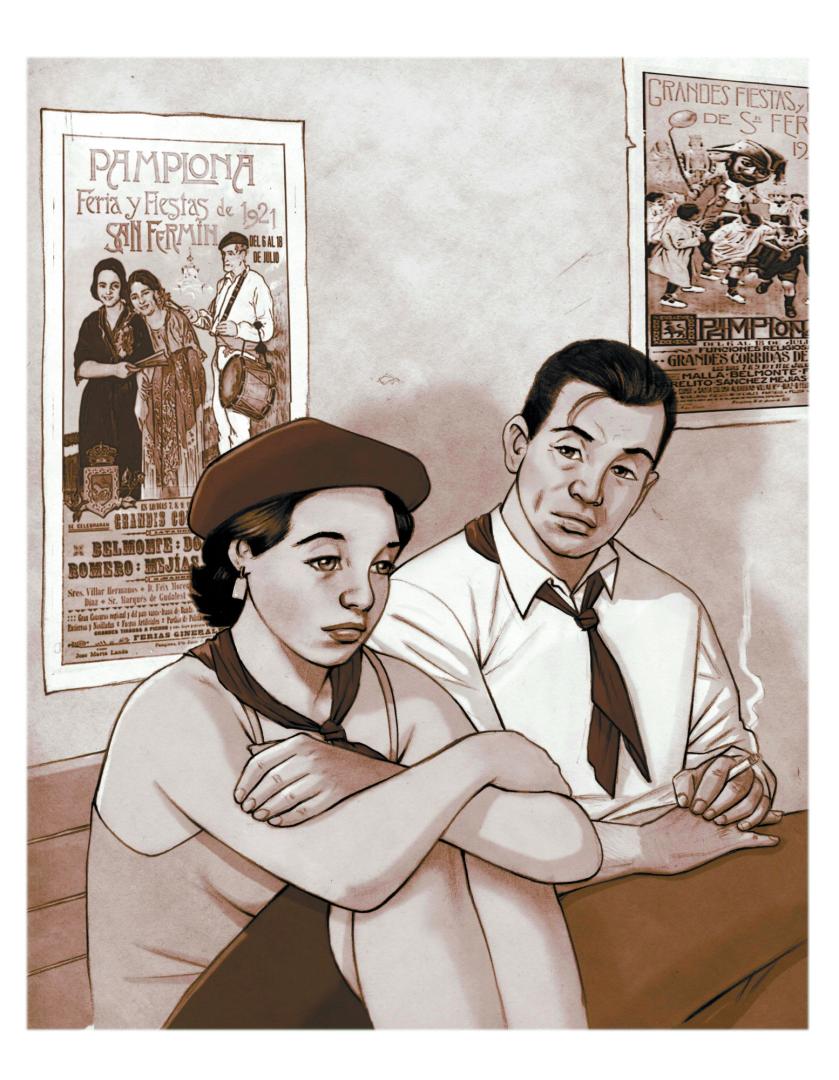 Los personajes de Brett (izq.) y Jake Barnes, en los dibujos de Carlos Fernández del Castillo