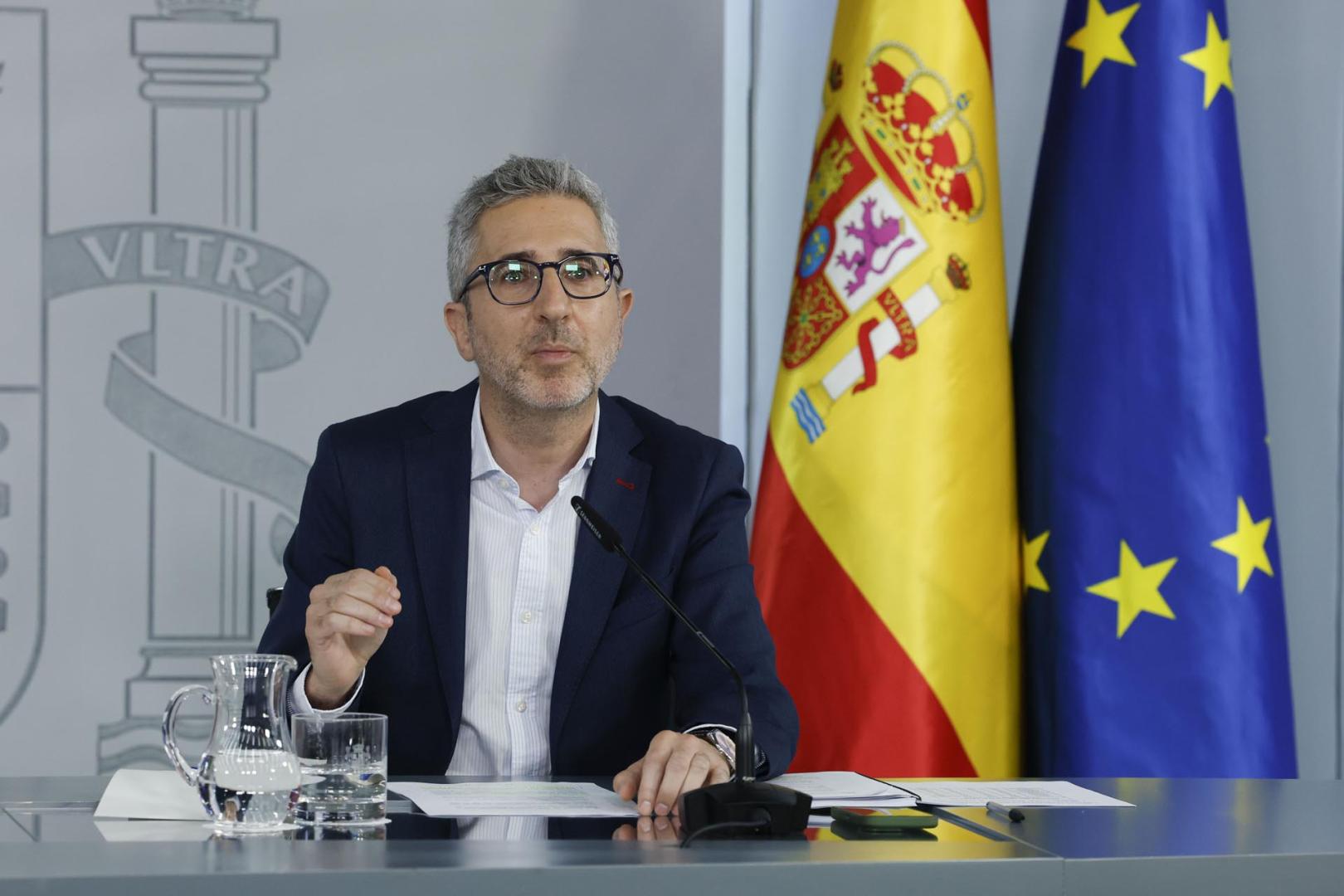 El ministro de Hacienda, Arcadi España, durante la rueda de prensa de este martes tras la reunión semanal del Consejo de Ministros