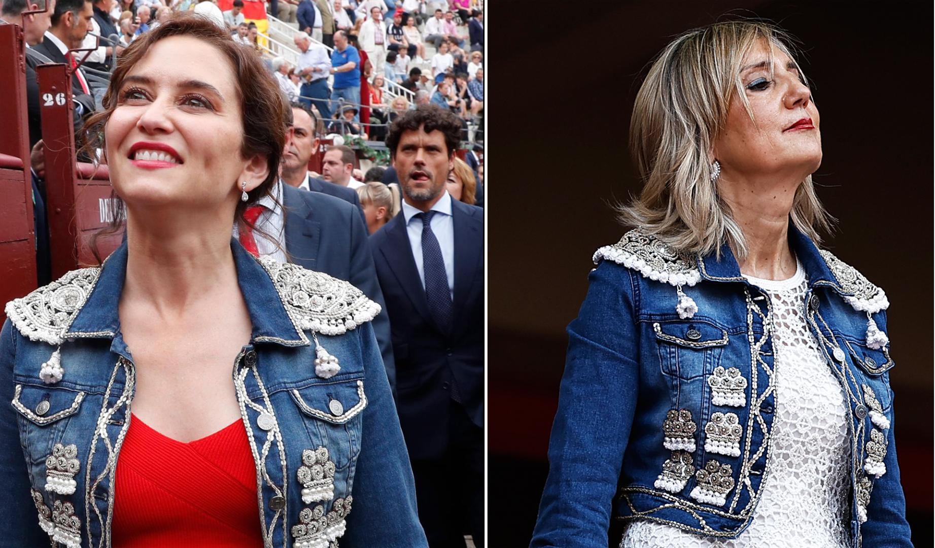 Isabel Díaz Ayuso (izda.) en una imagen publicada por Mujer Hoy, con la cazadora que Cristina Ibarrola (dcha..) lució en la corrida del jueves 9 de julio de 2026